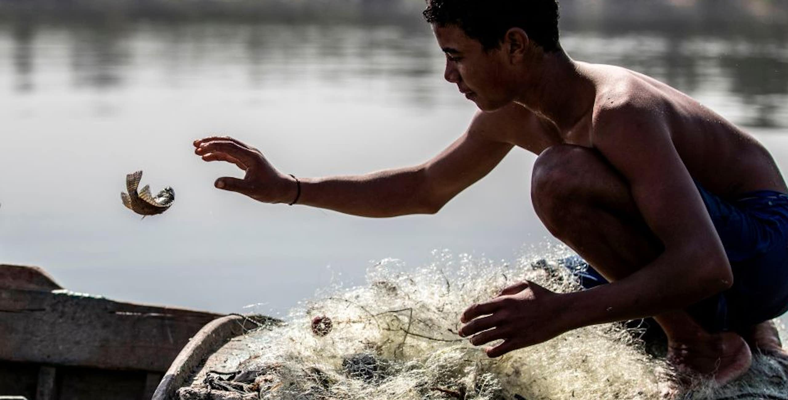 A young man, who is shirtless and wearing shorts, reaches for a fish that's flopping, seemingly halfway in the air, above his net.