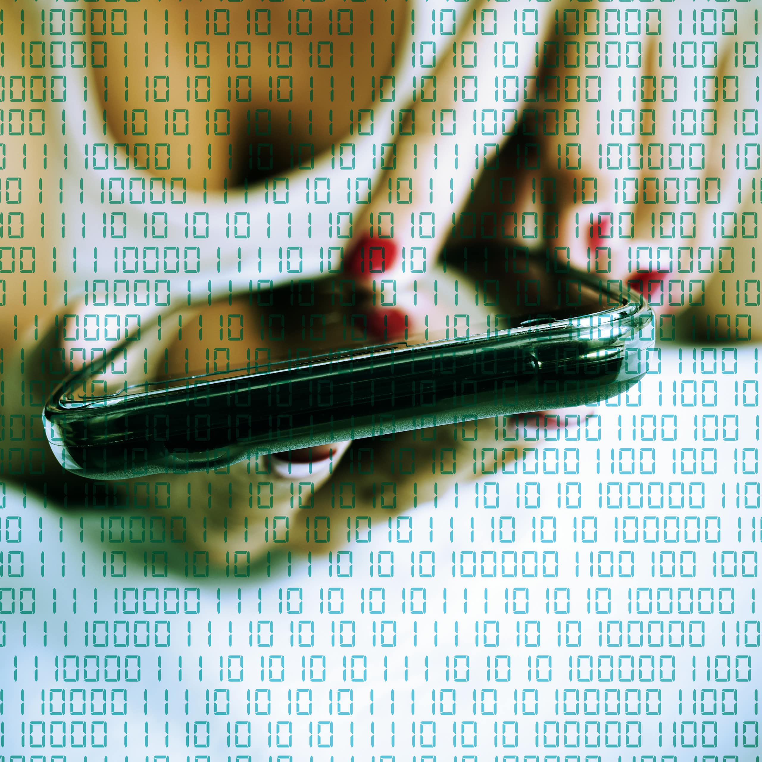 a woman laying in bed holding a mobile phone, 0s and 1s are overlaid on top of the image