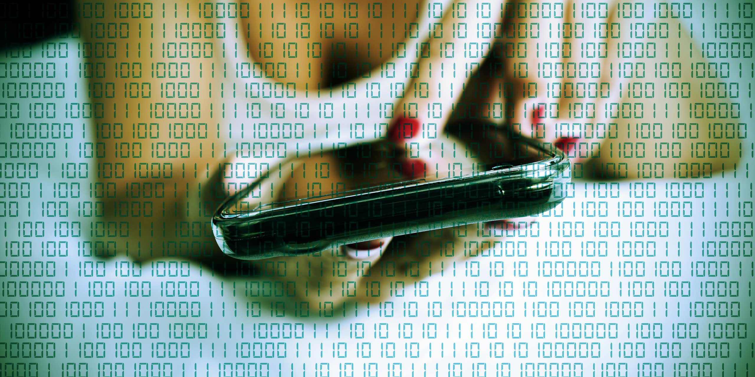 a woman laying in bed holding a mobile phone, 0s and 1s are overlaid on top of the image