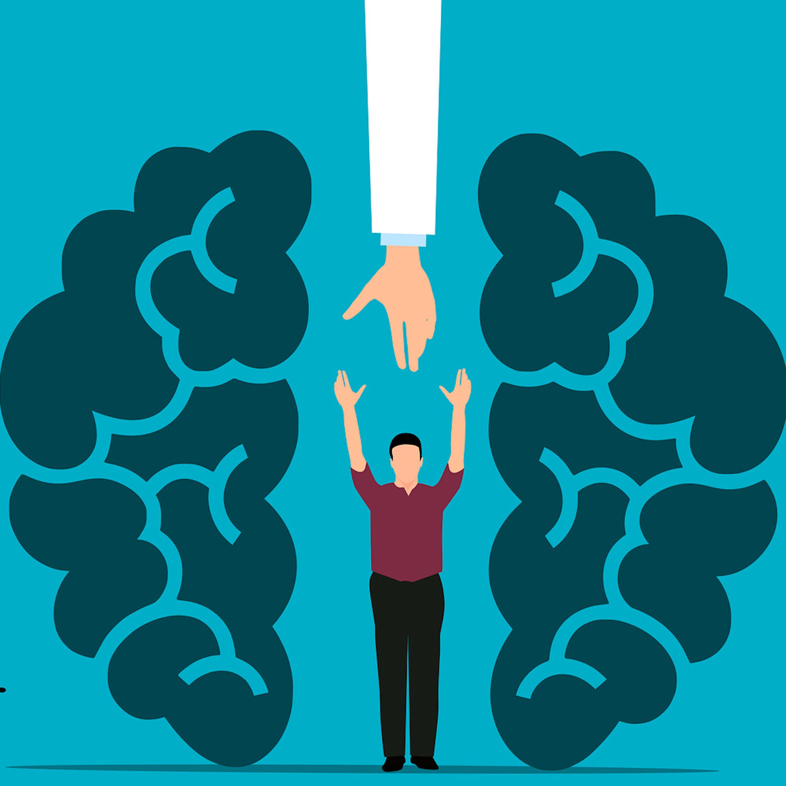 Représentation graphique d'un homme à l'intérieur d'un cerveau avec un grand bras tendu vers le bas pour l'aider à sortir.