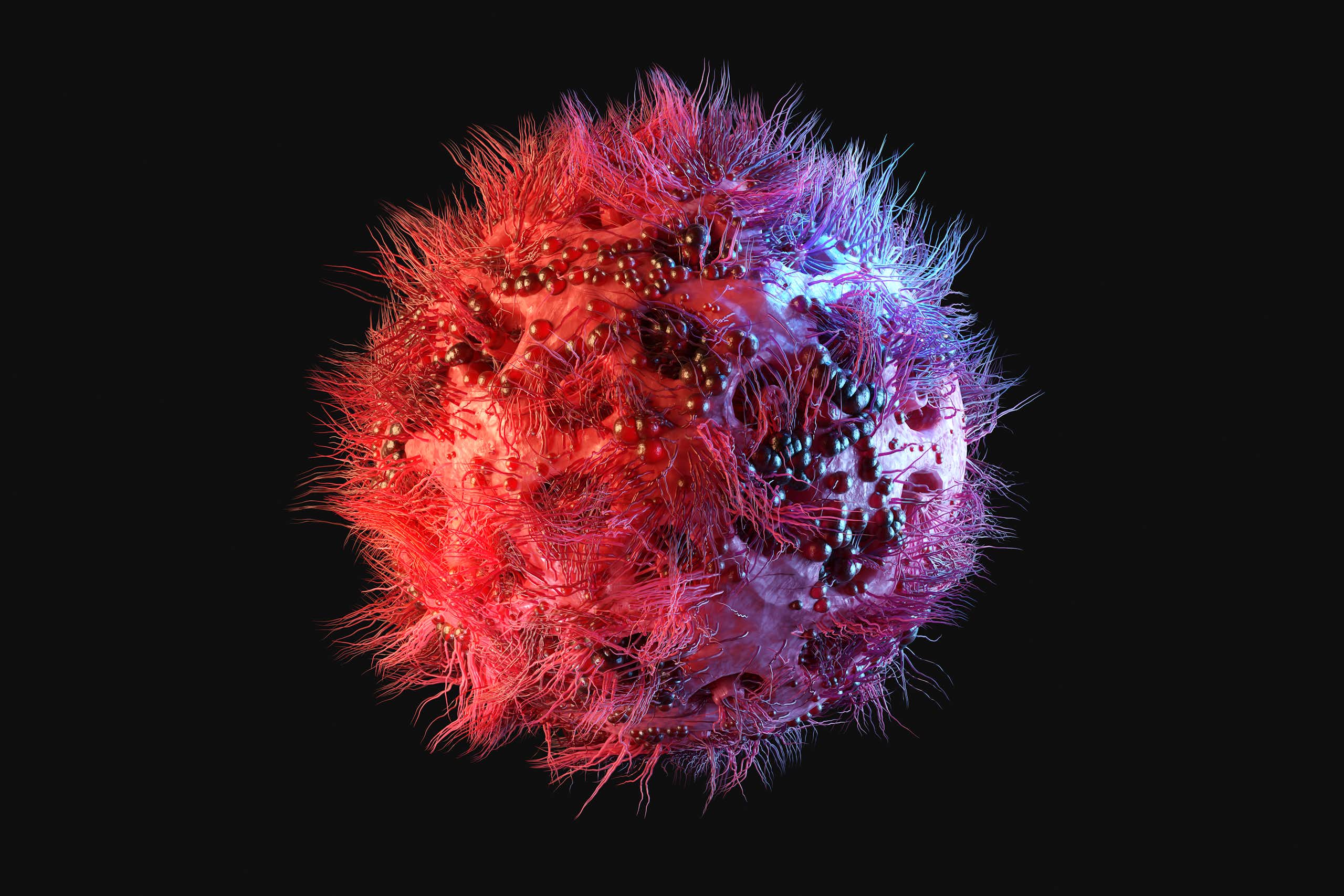 Pinkish sphere with a hairy appearance and small nodules and pits on its surface