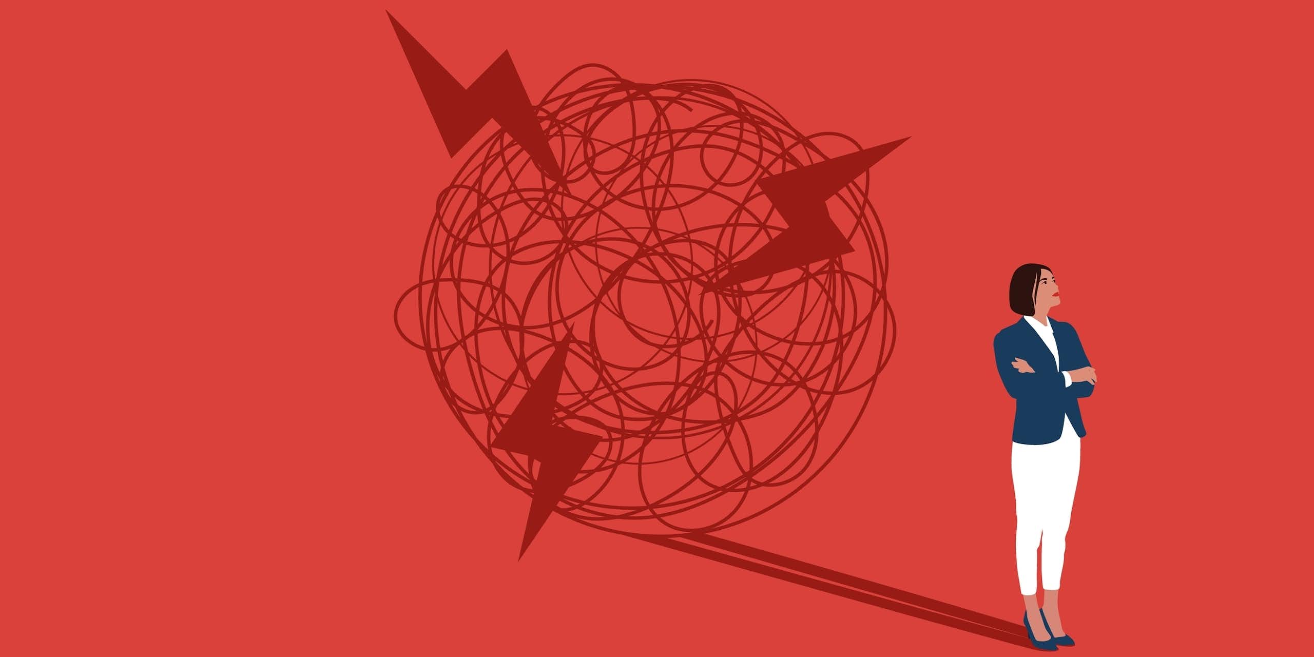 An illustration of a woman standing with her back to a ball of messy squiggles and lightening bolts, suggesting chaos. 