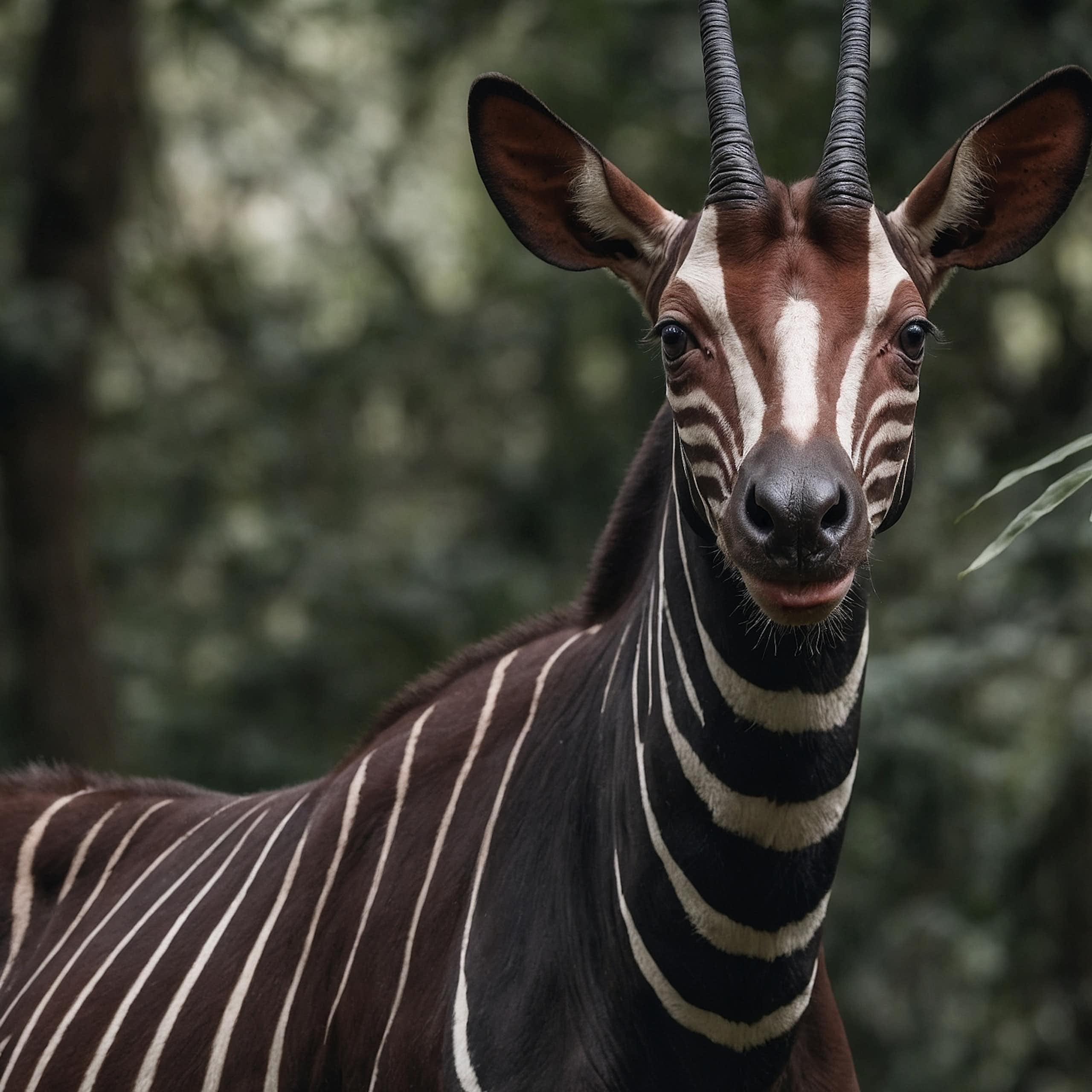 Un okapi debout face à un appareil-photo