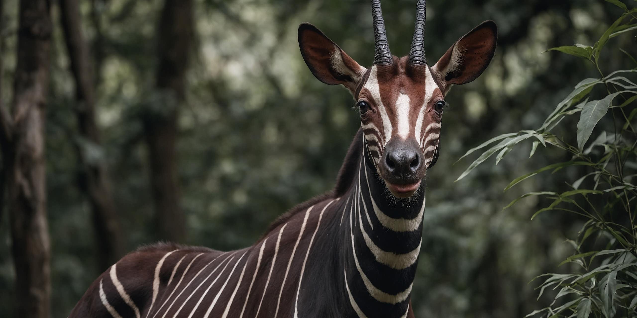 Un okapi debout face à un appareil-photo