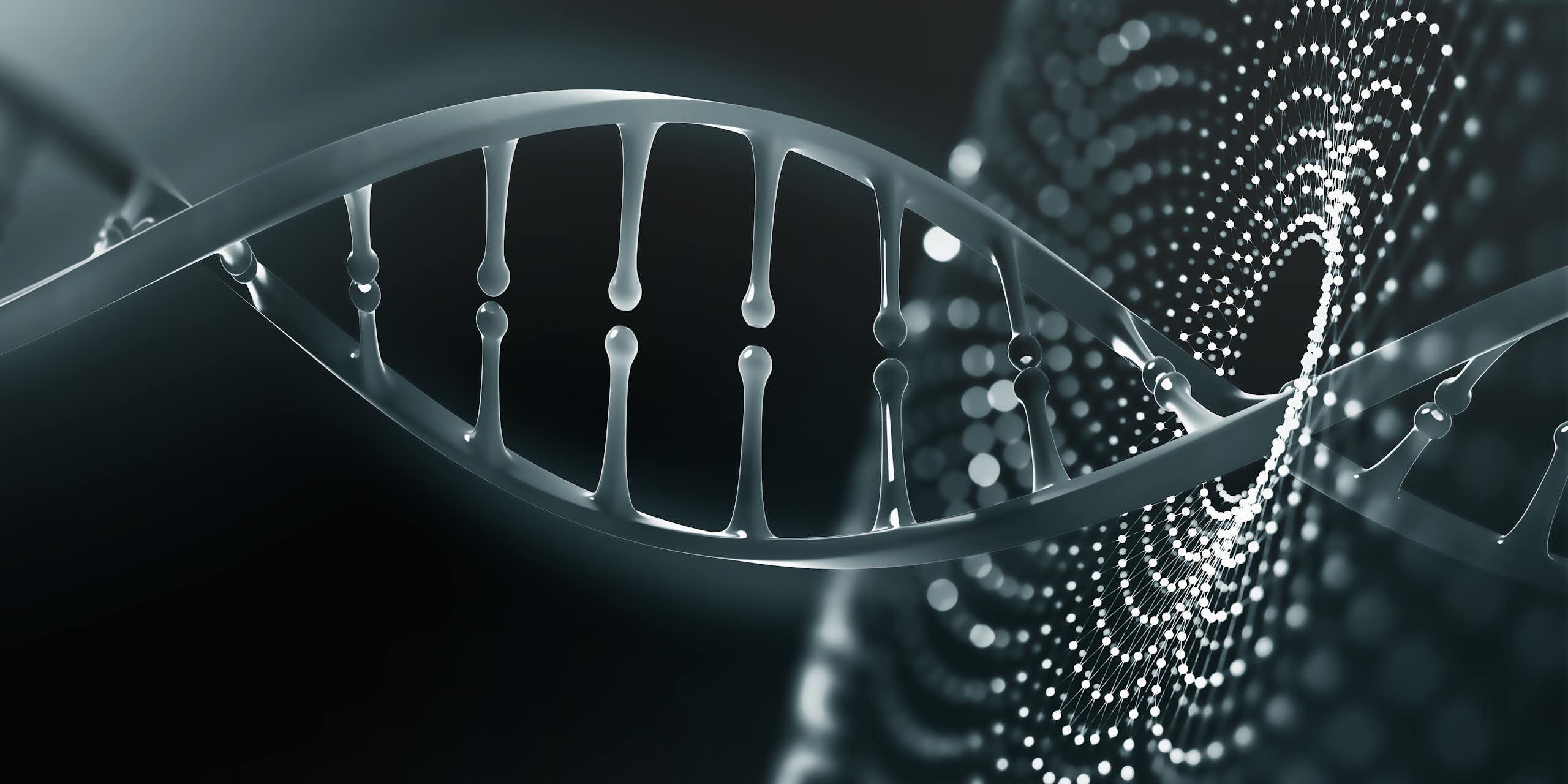 a white dna helix against a black background