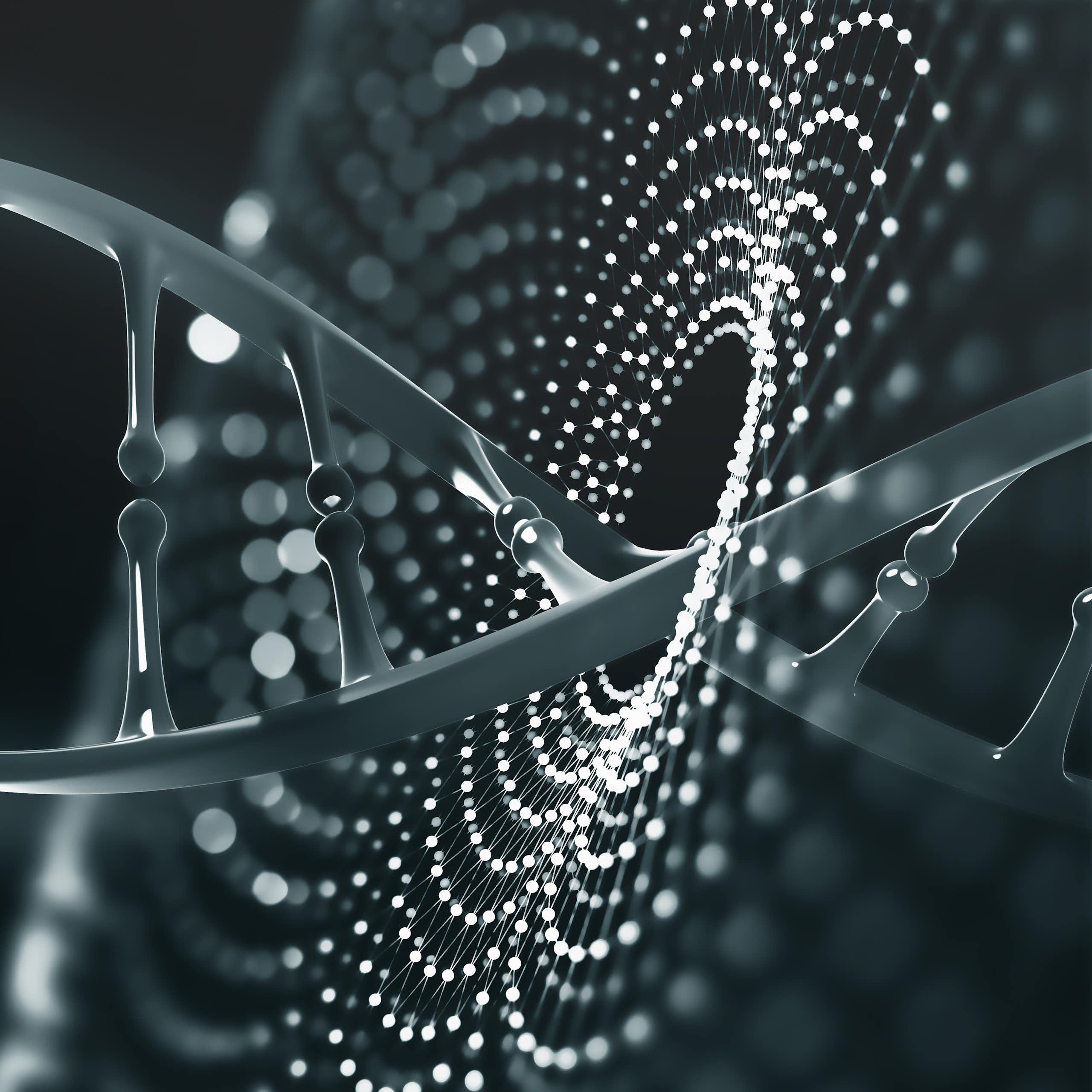 a white dna helix against a black background