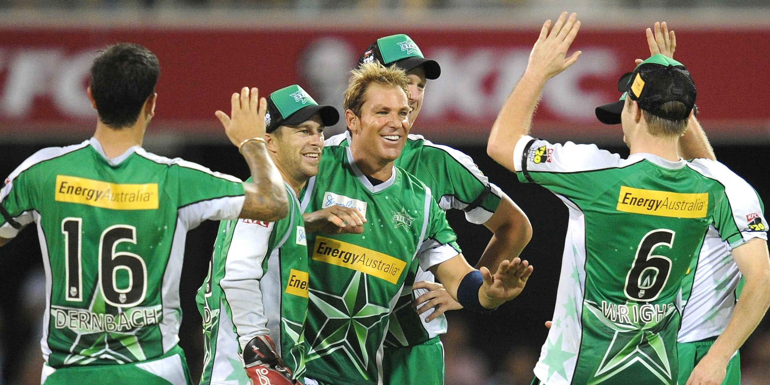 Shane Warne celebrates a wicket for the Melbourne Stars