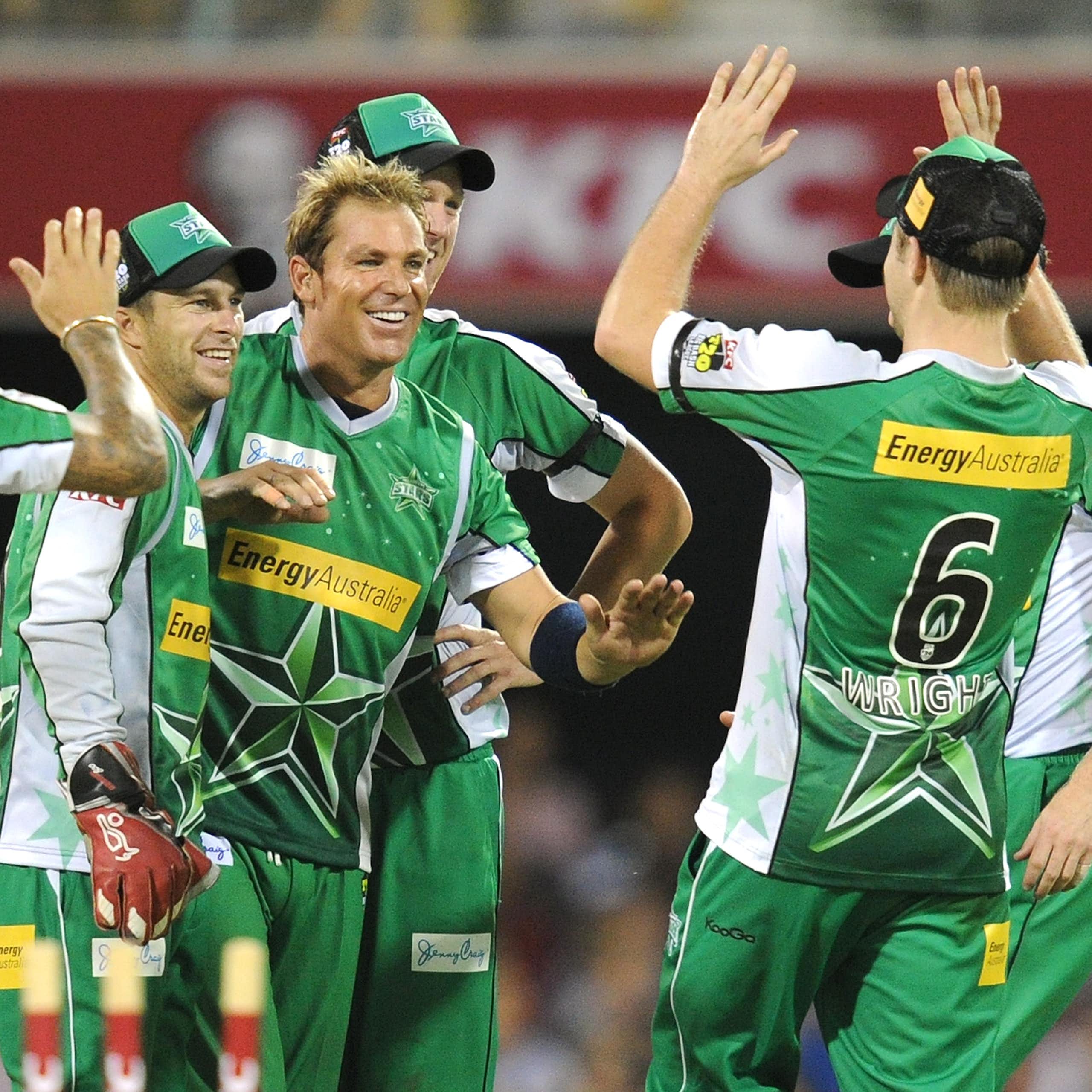 Shane Warne celebrates a wicket for the Melbourne Stars