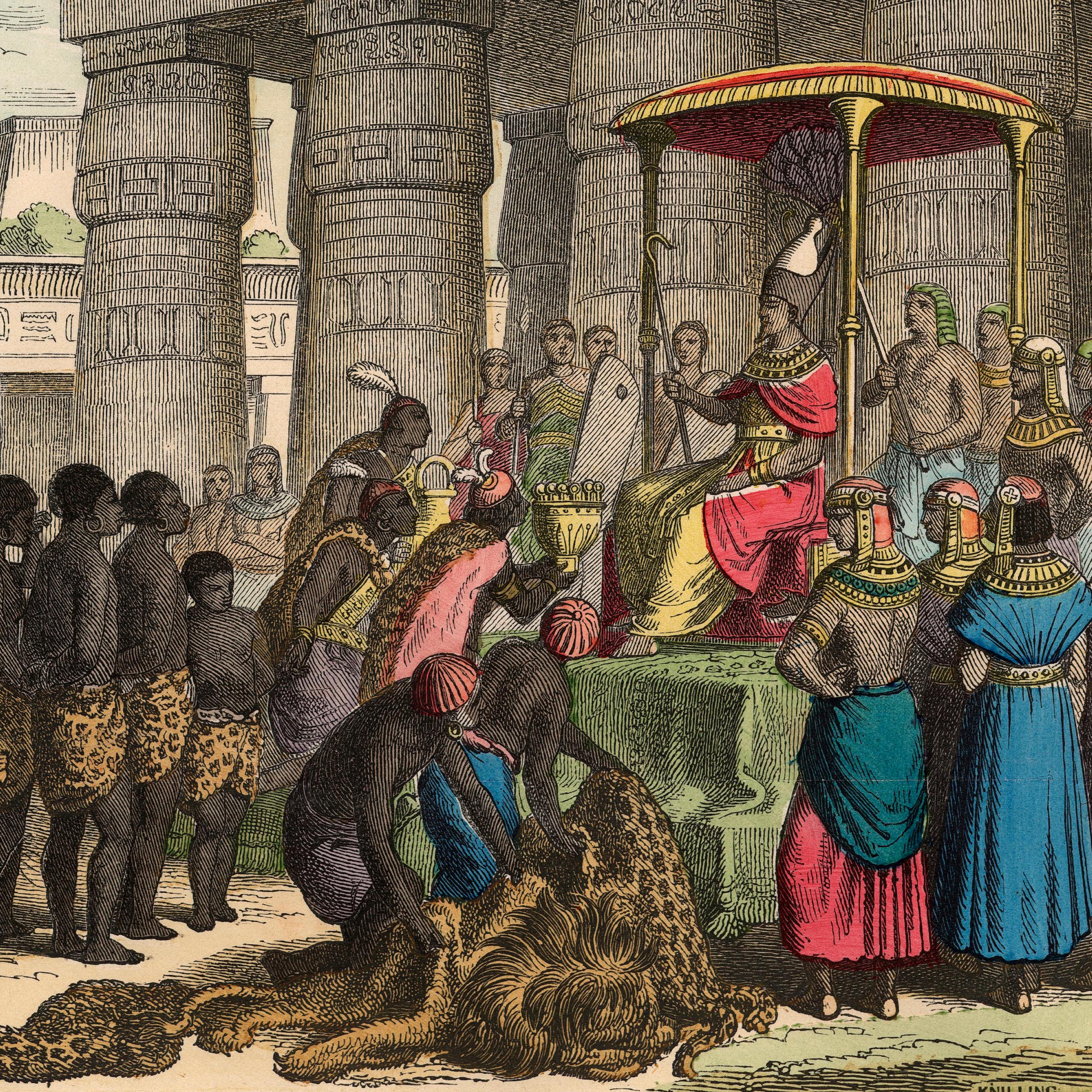Illustration of people bringing animals to a figure seated under a canopy