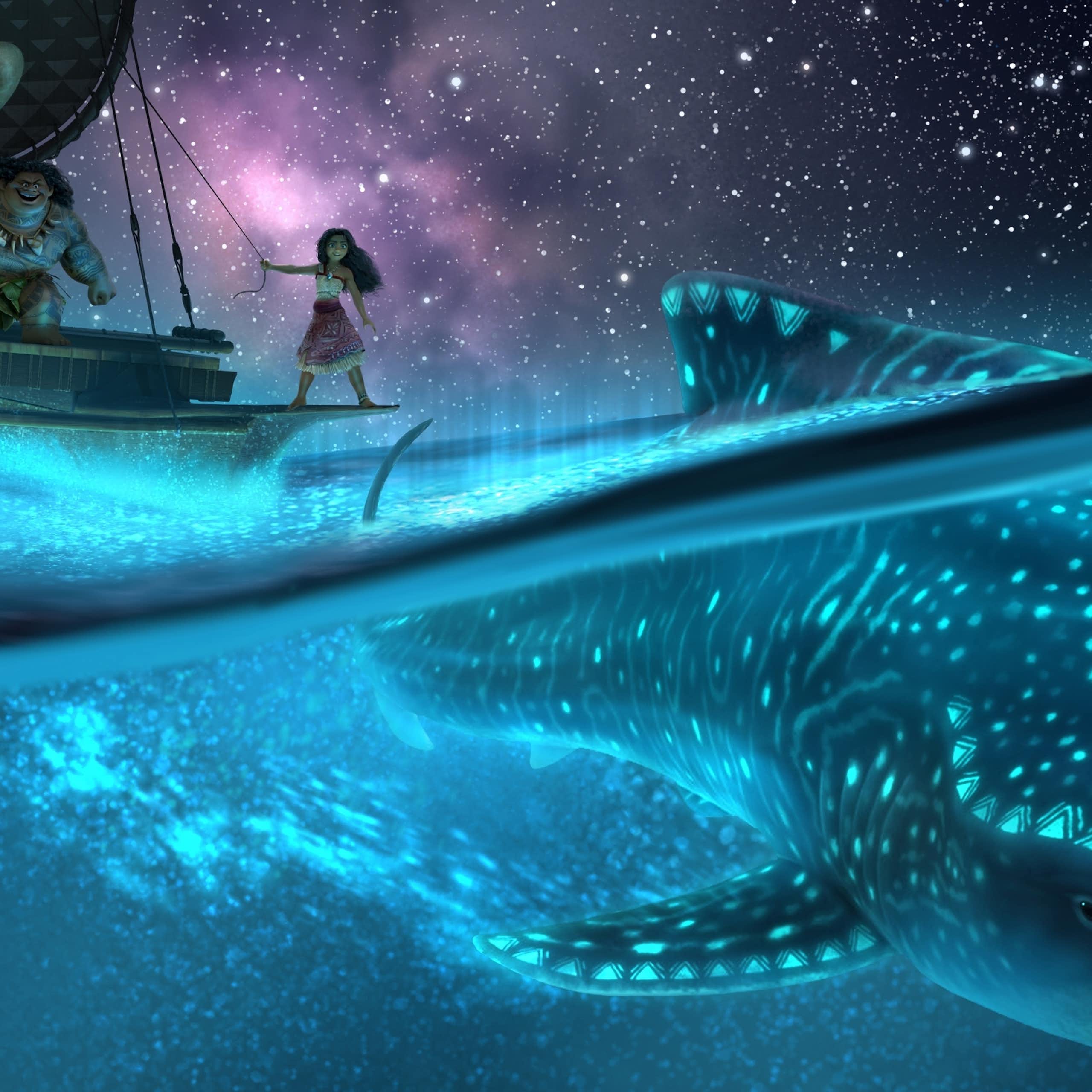 graphic from animalted film MOana 2, girl on boat, whale shark in sea