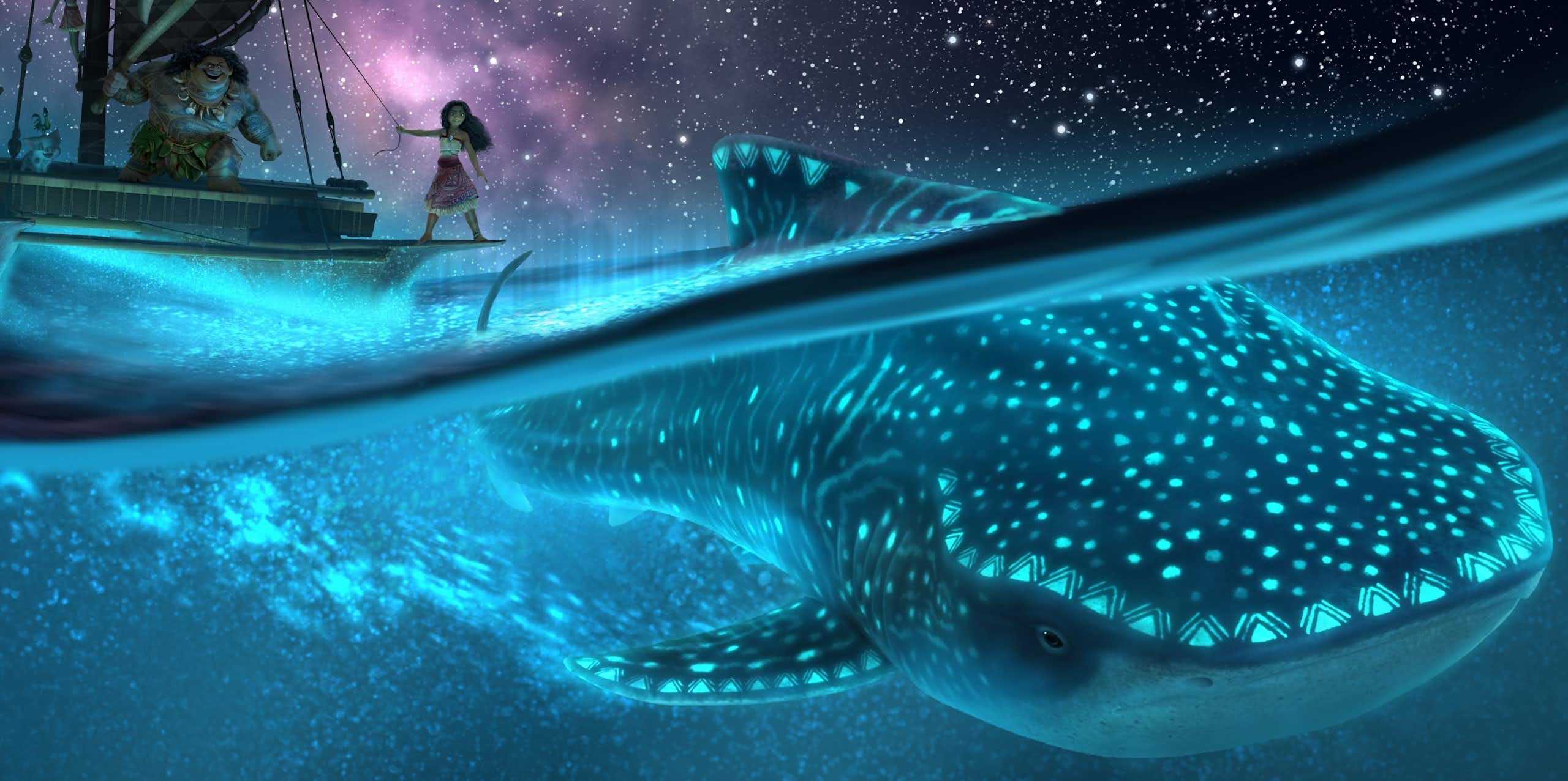 graphic from animalted film MOana 2, girl on boat, whale shark in sea