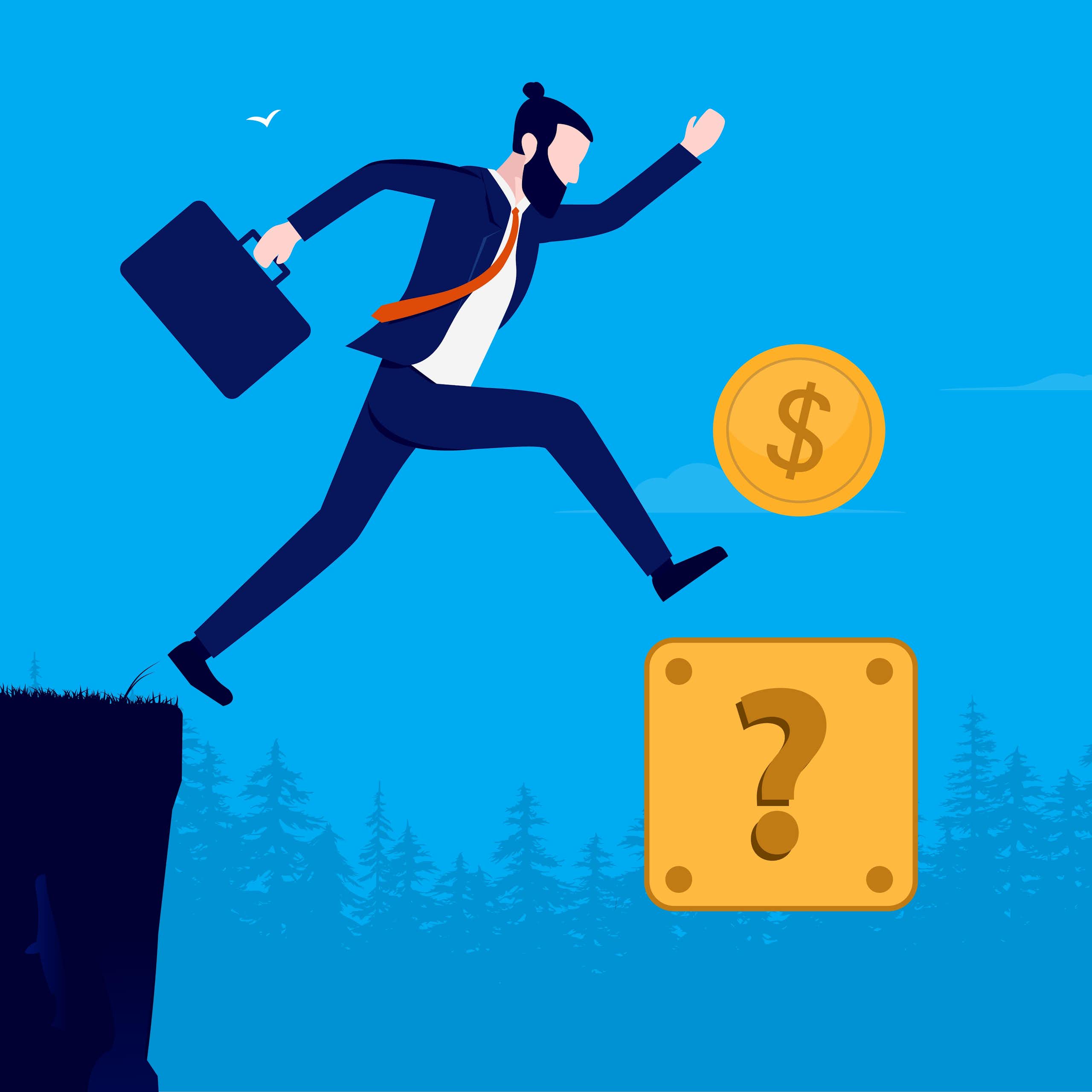 A picture of a businessman jumping off a cliff onto a gold box with a question mark on it similar to a Mario game