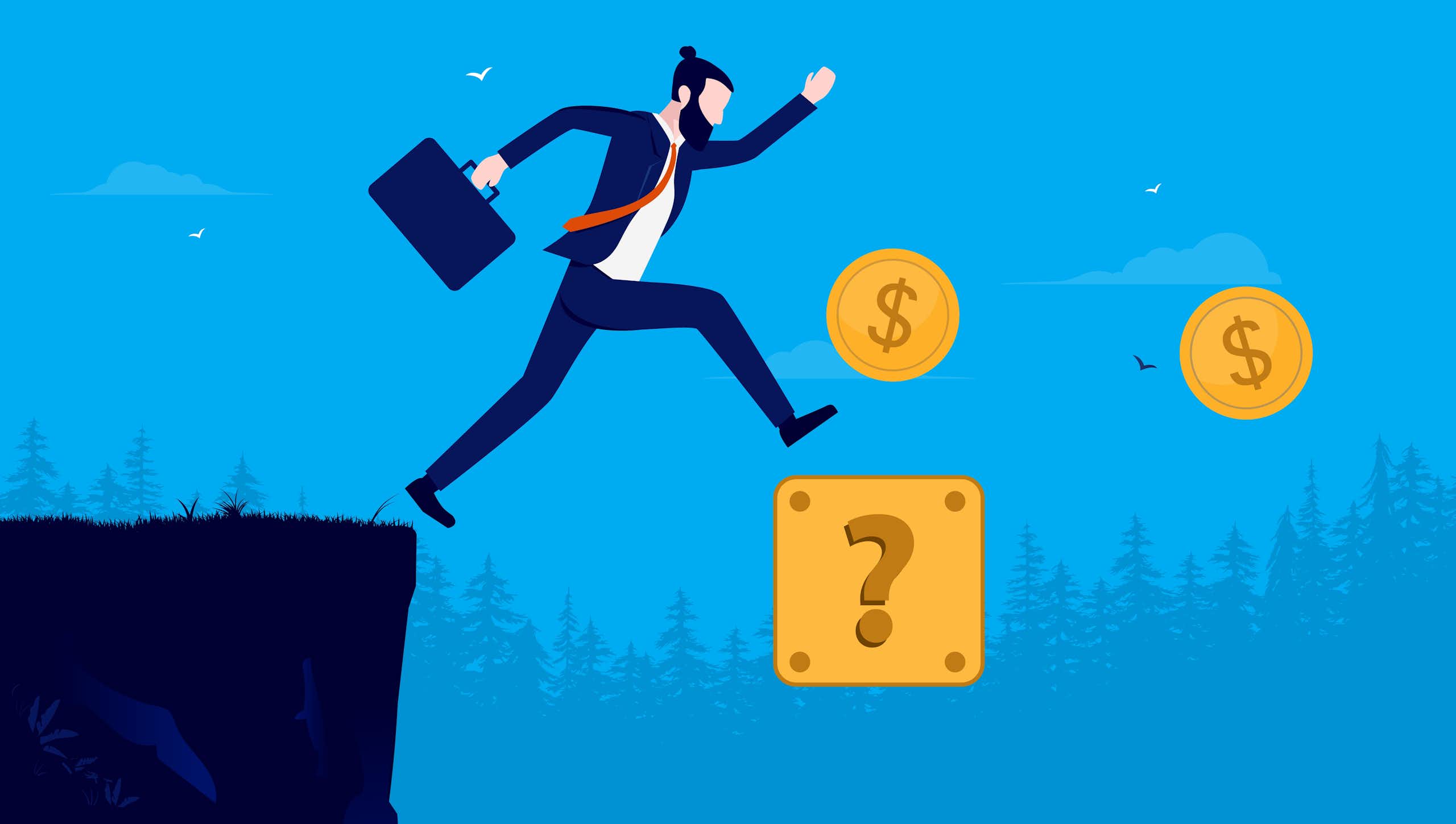 A picture of a businessman jumping off a cliff onto a gold box with a question mark on it similar to a Mario game