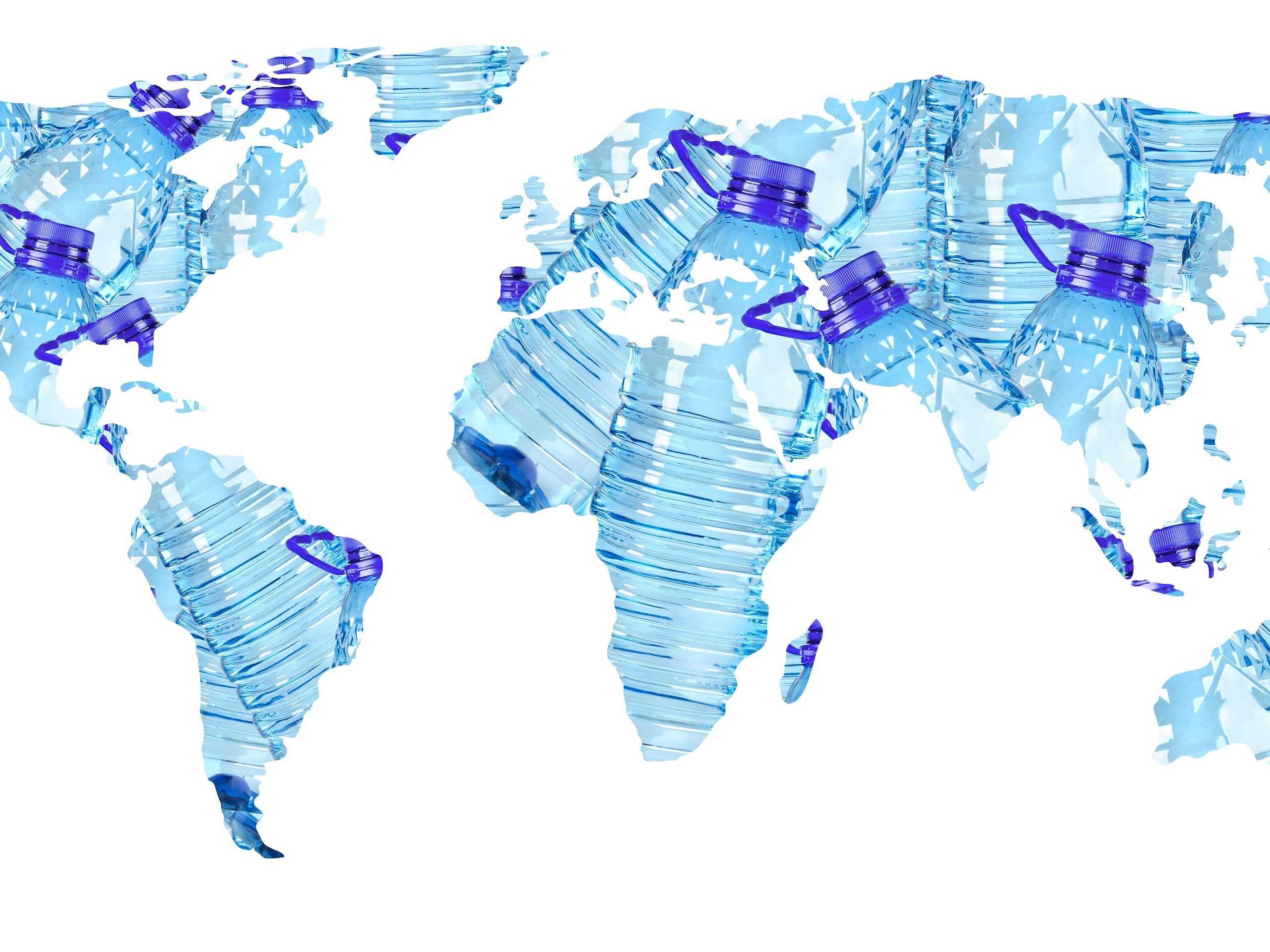 world map made of blue plastic bottles, white background