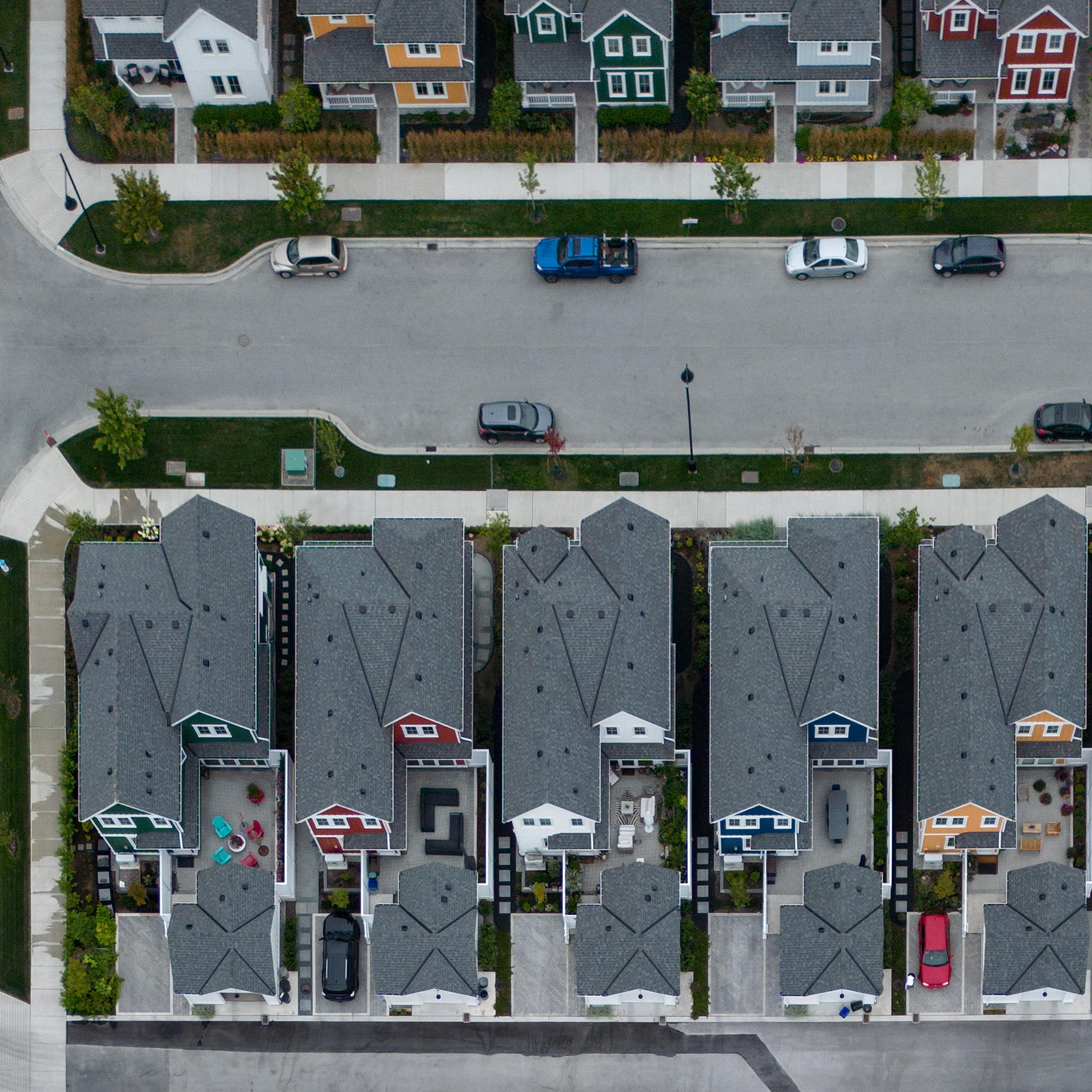 An aerial photo of suburban homes 