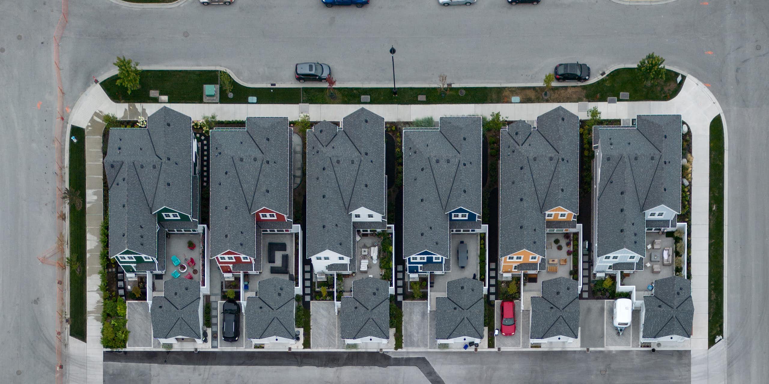 An aerial photo of suburban homes 