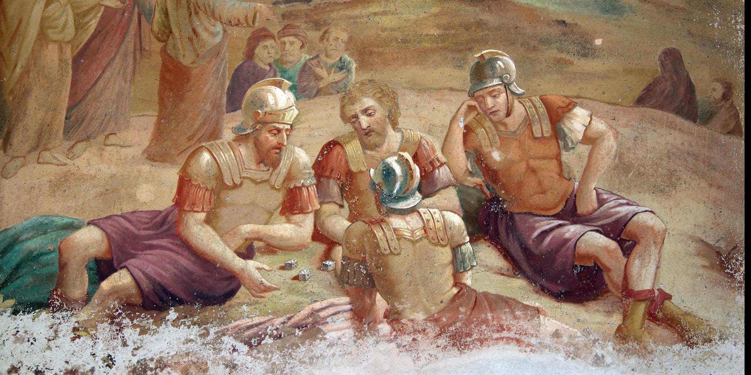 Soldiers sit around playing dice. I reckon they are thinking about retirement.
