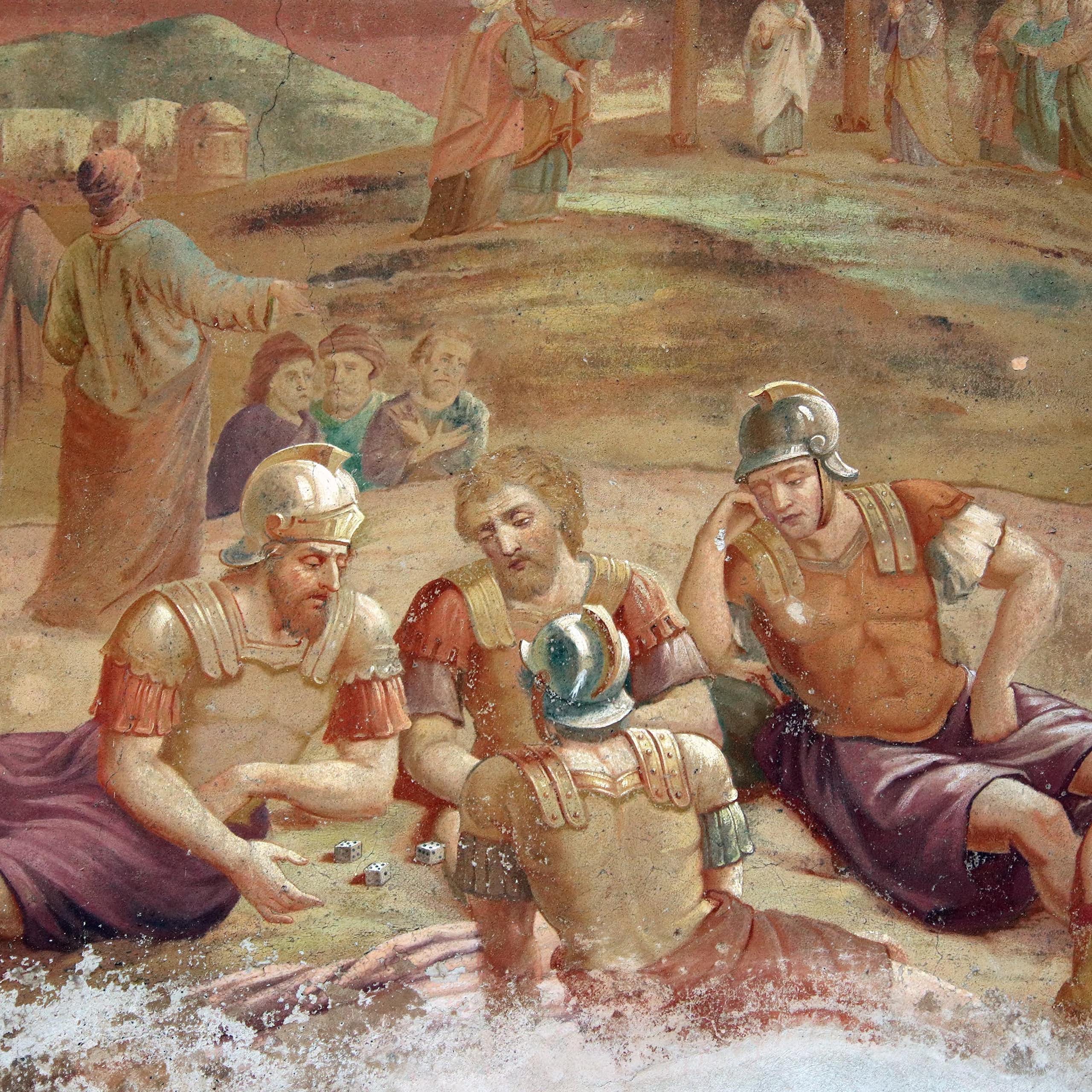 Soldiers sit around playing dice. I reckon they are thinking about retirement.