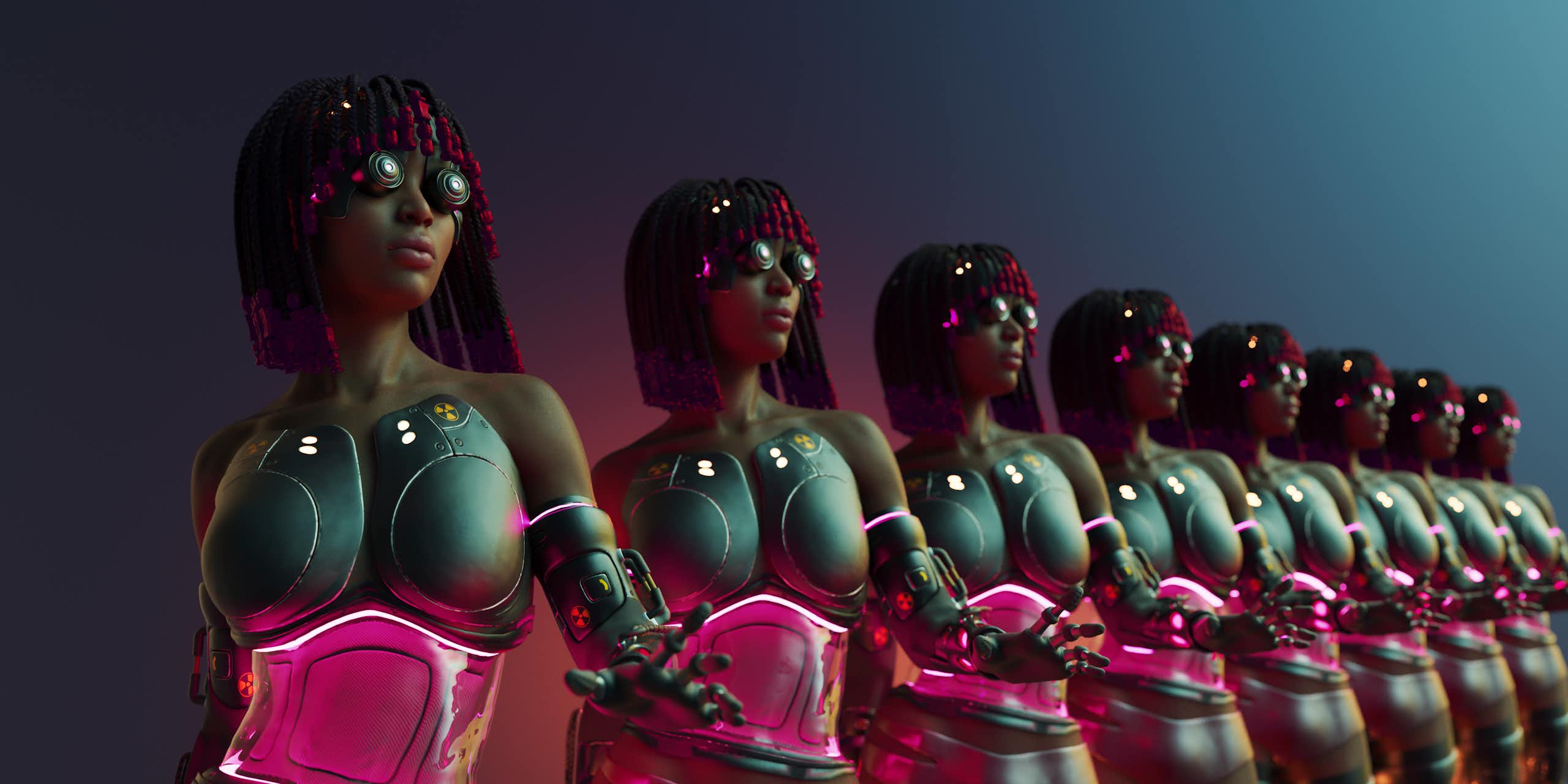 A row of African women with braided hair and android robot bodies with a pink tummy section and goggles on.