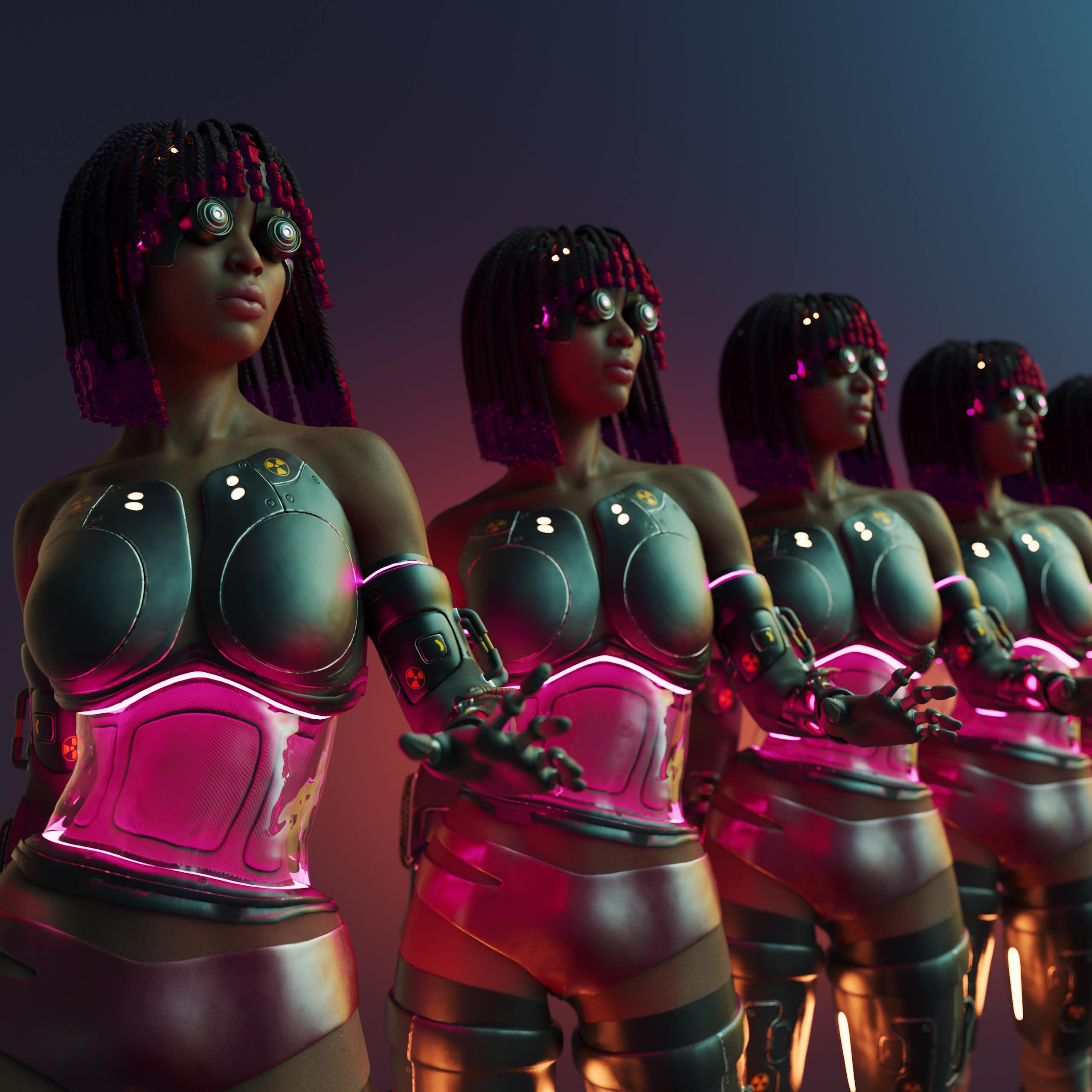 A row of African women with braided hair and android robot bodies with a pink tummy section and goggles on.