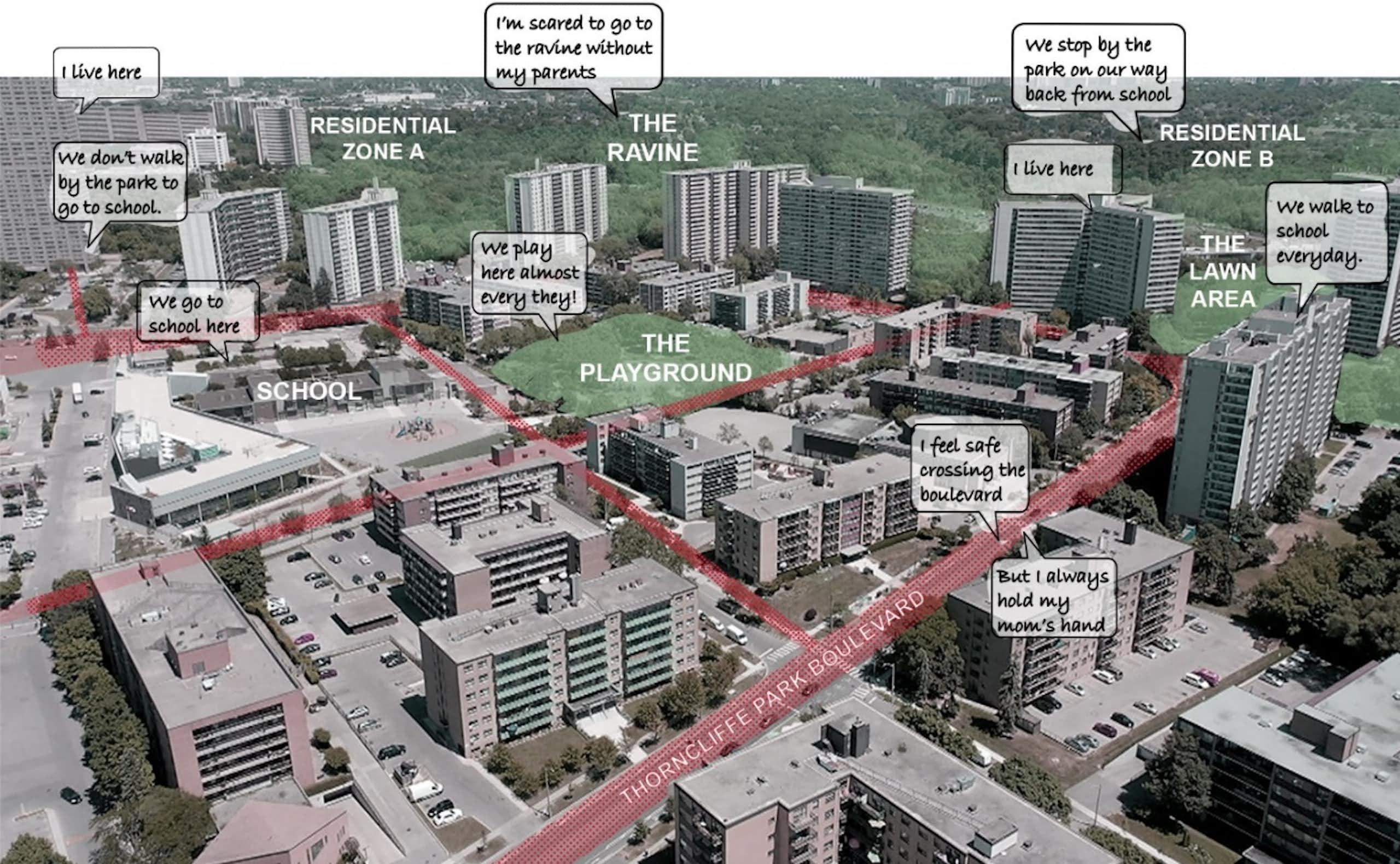 An aerial view of a neighbourhood with quotations super imposed over different areas  
