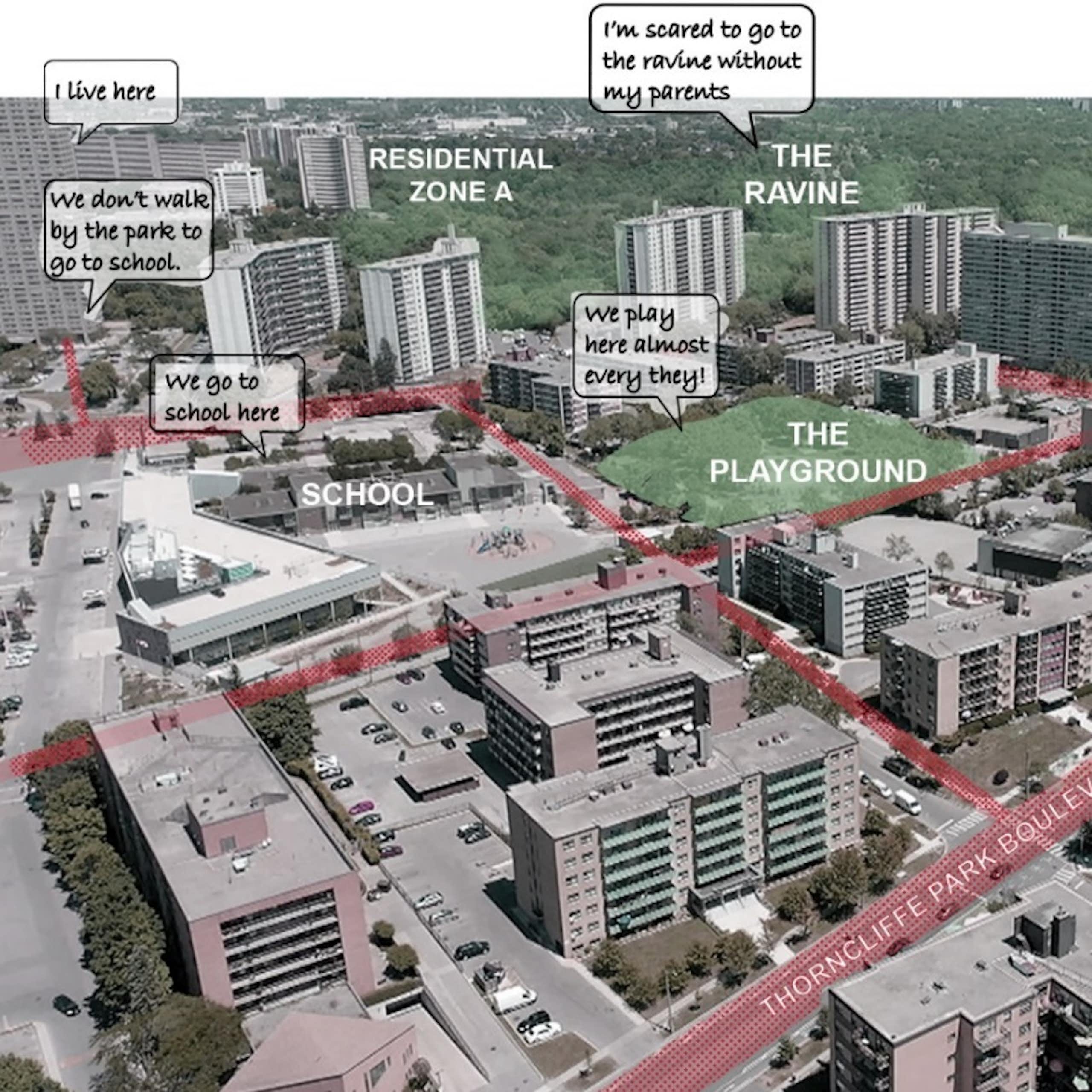 An aerial view of a neighbourhood with quotations super imposed over different areas  