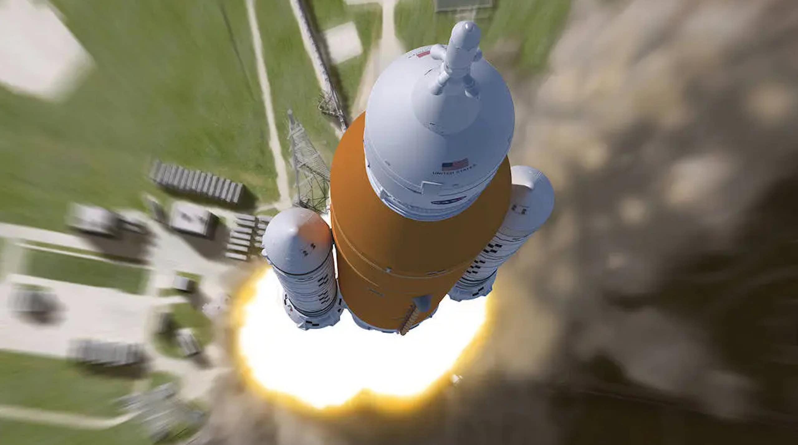 Ilustração do lançamento do foguete Space Launch System (SLS)