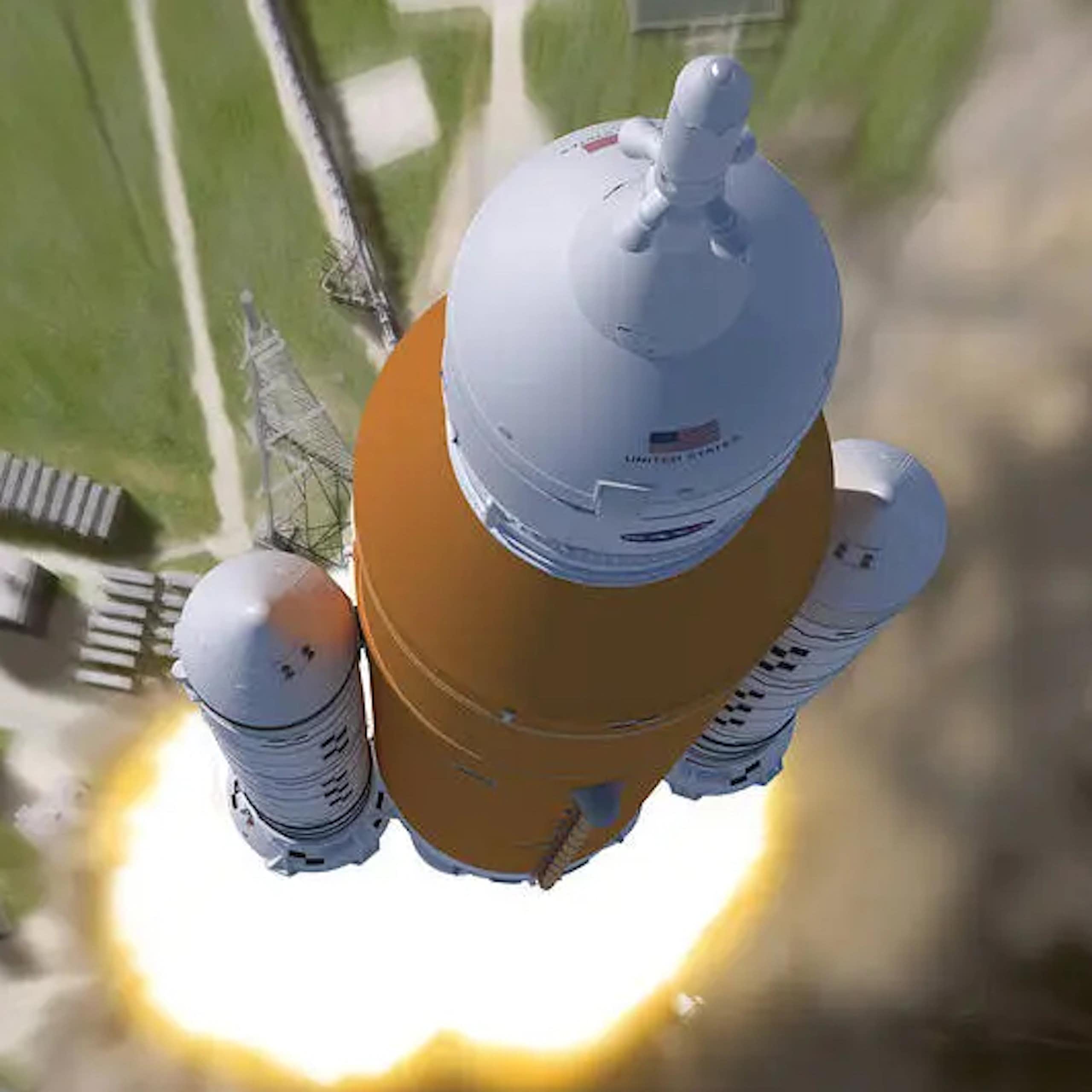 Ilustração do lançamento do foguete Space Launch System (SLS)
