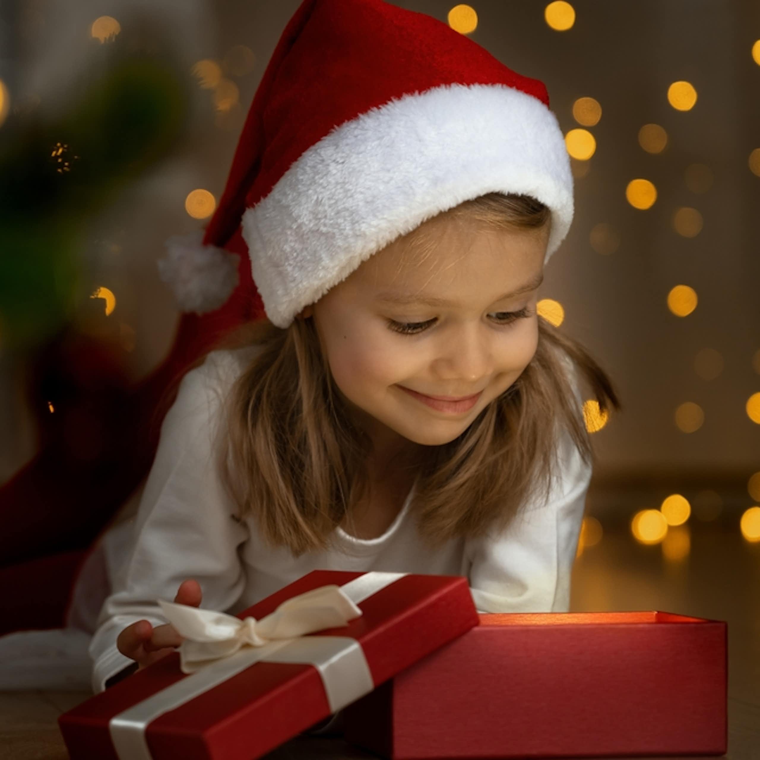 Une petite fille avec un bonnet de Père Noël.