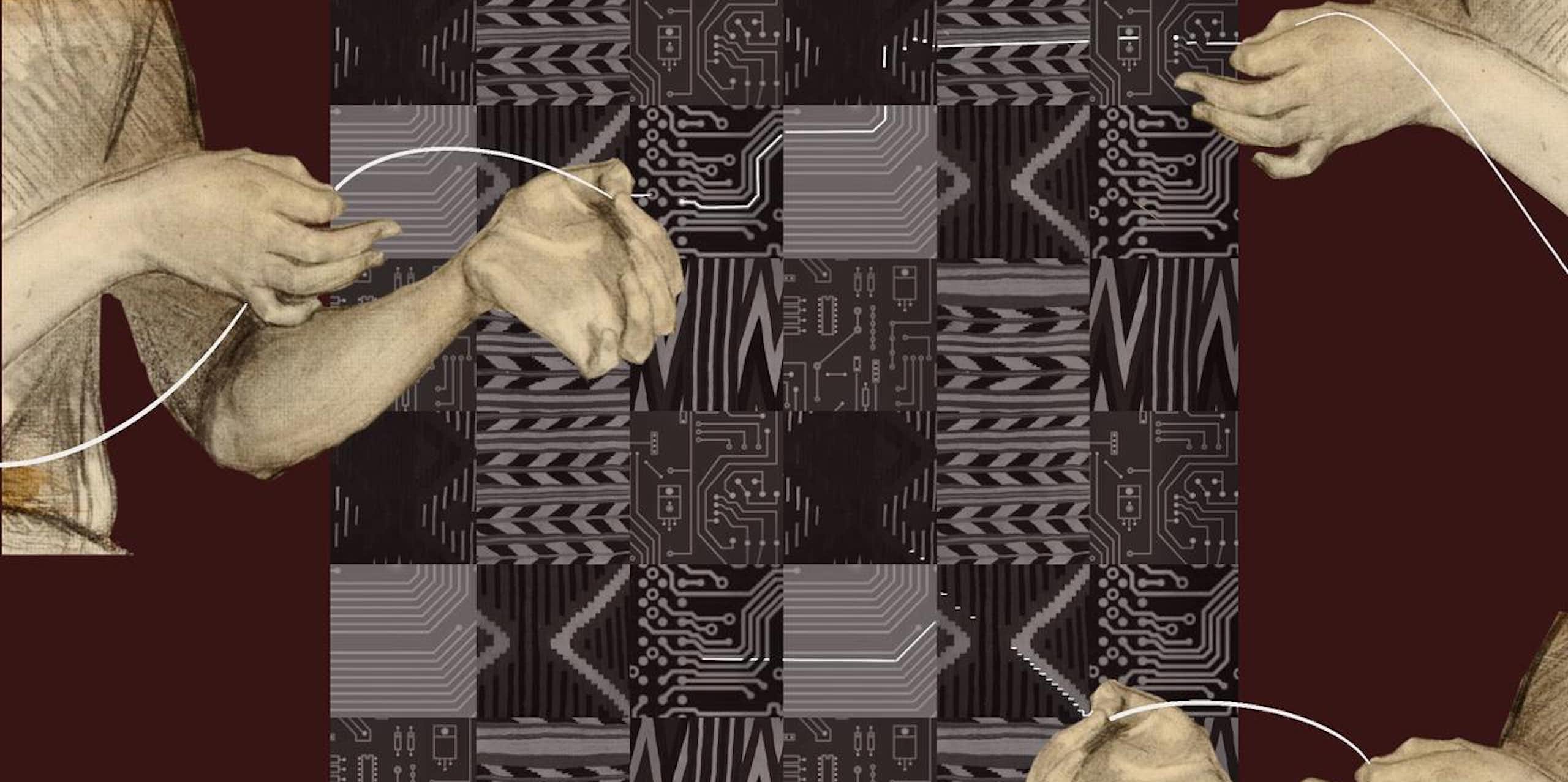 a series of hands stitching together series of motifs in a grid like pattern
