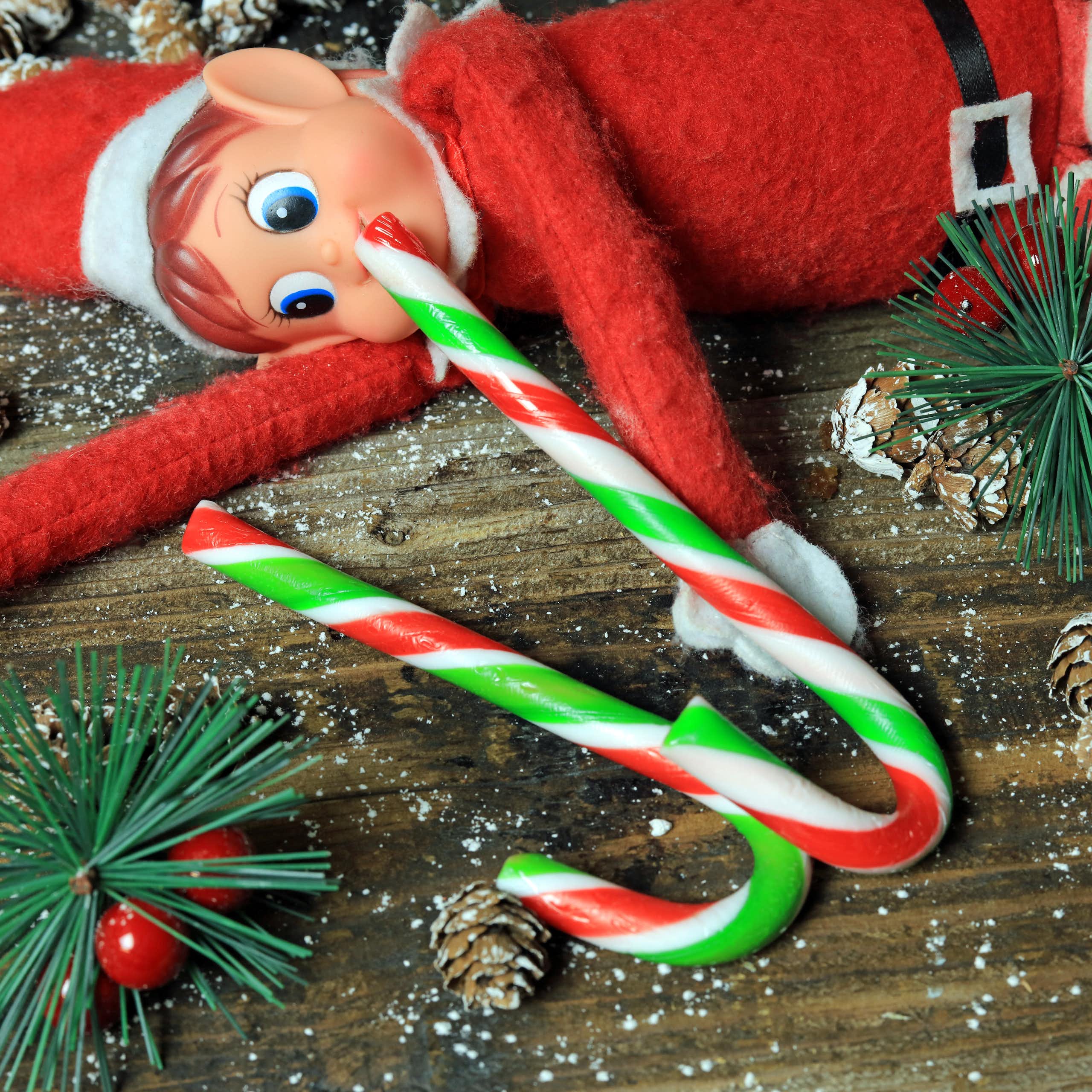 elf toy posed with candy canes on table