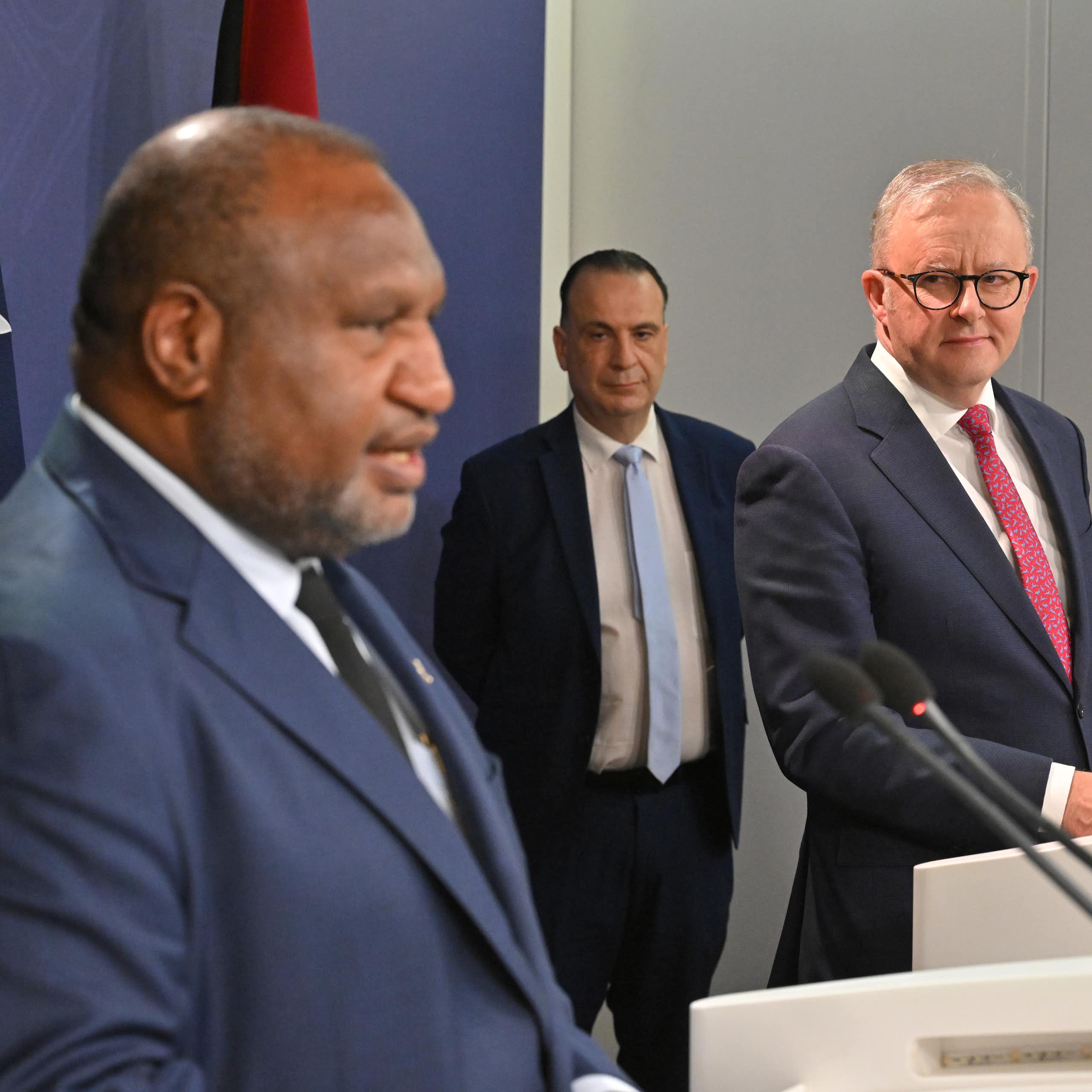 James Marape, Anthony Albanese and Peter V'landys announced the NRL's team in PNG.