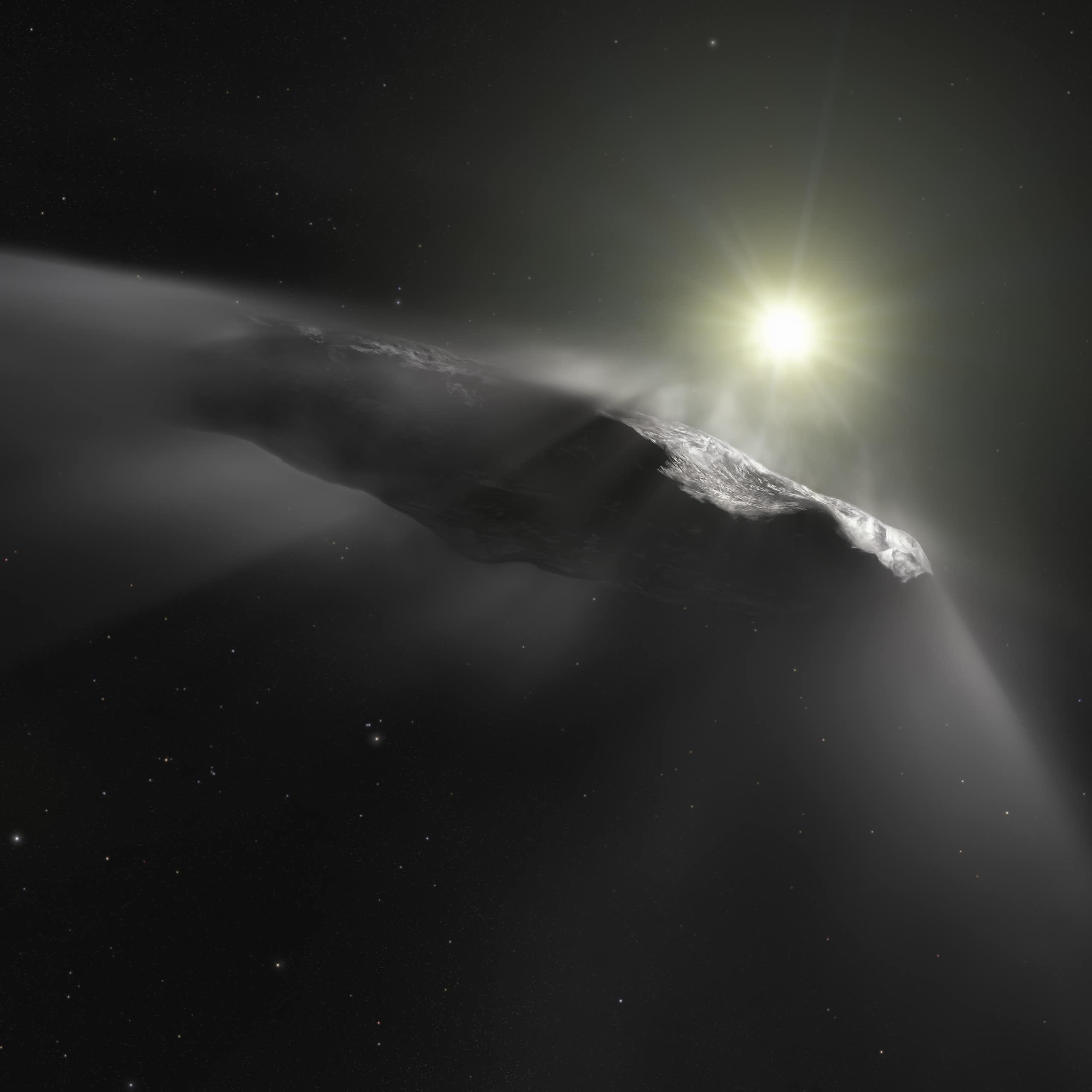 Ilustração de um asteroide expelindo gás brilhante com o Sol ao fundo