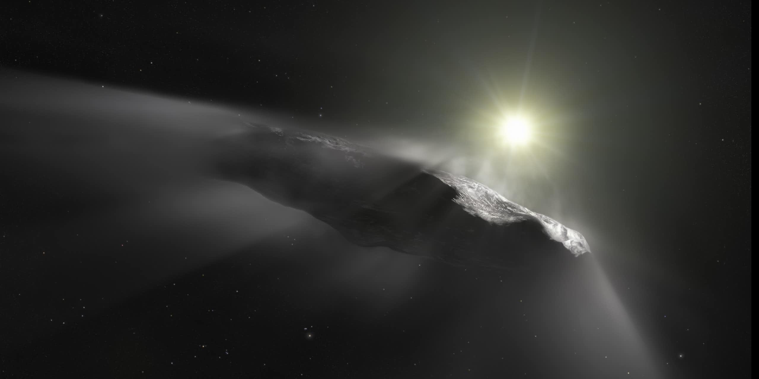 Ilustração de um asteroide expelindo gás brilhante com o Sol ao fundo