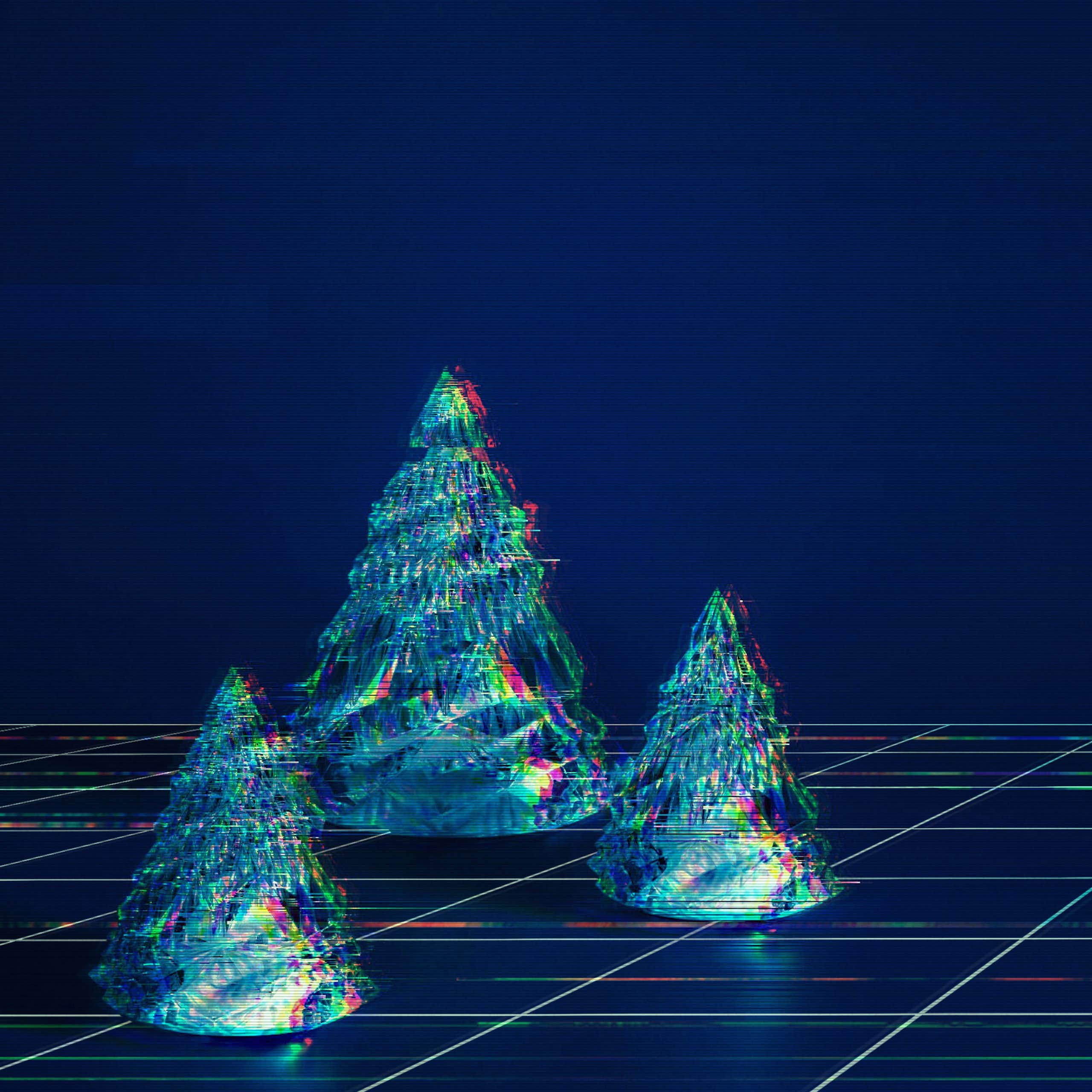 Illustration  of digital looking Christmas tree standing on a perspectival grid receding into the distance.