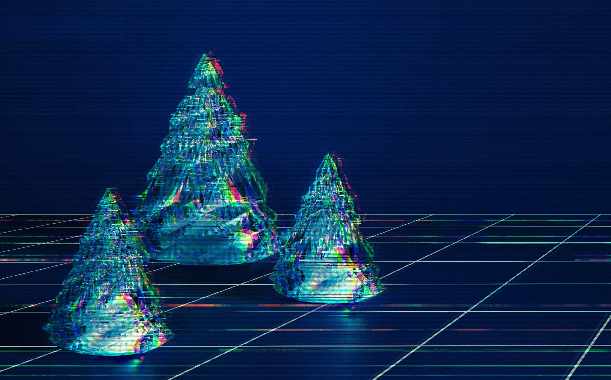 Illustration  of digital looking Christmas tree standing on a perspectival grid receding into the distance.