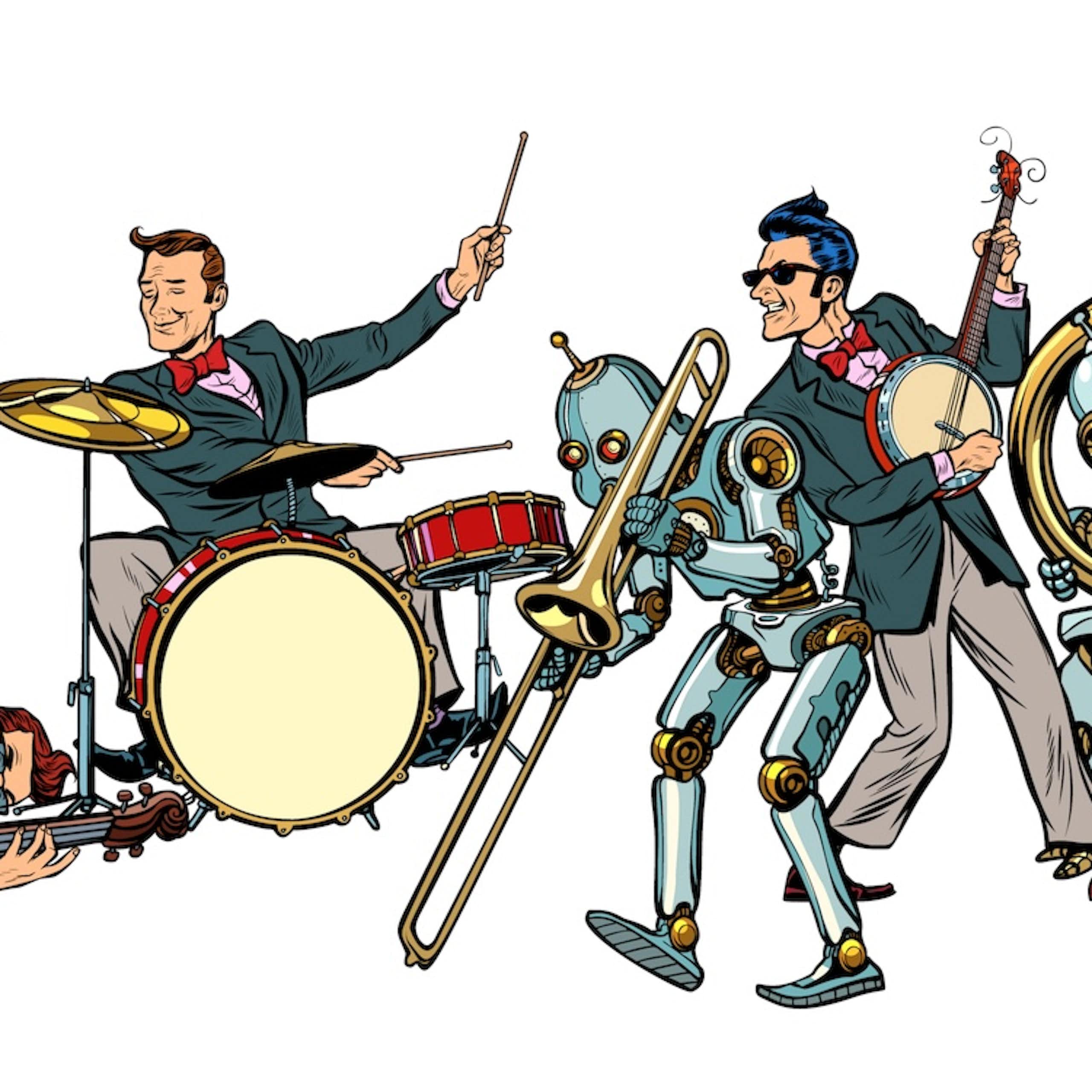 orchestre de jazz avec des humains et des robots