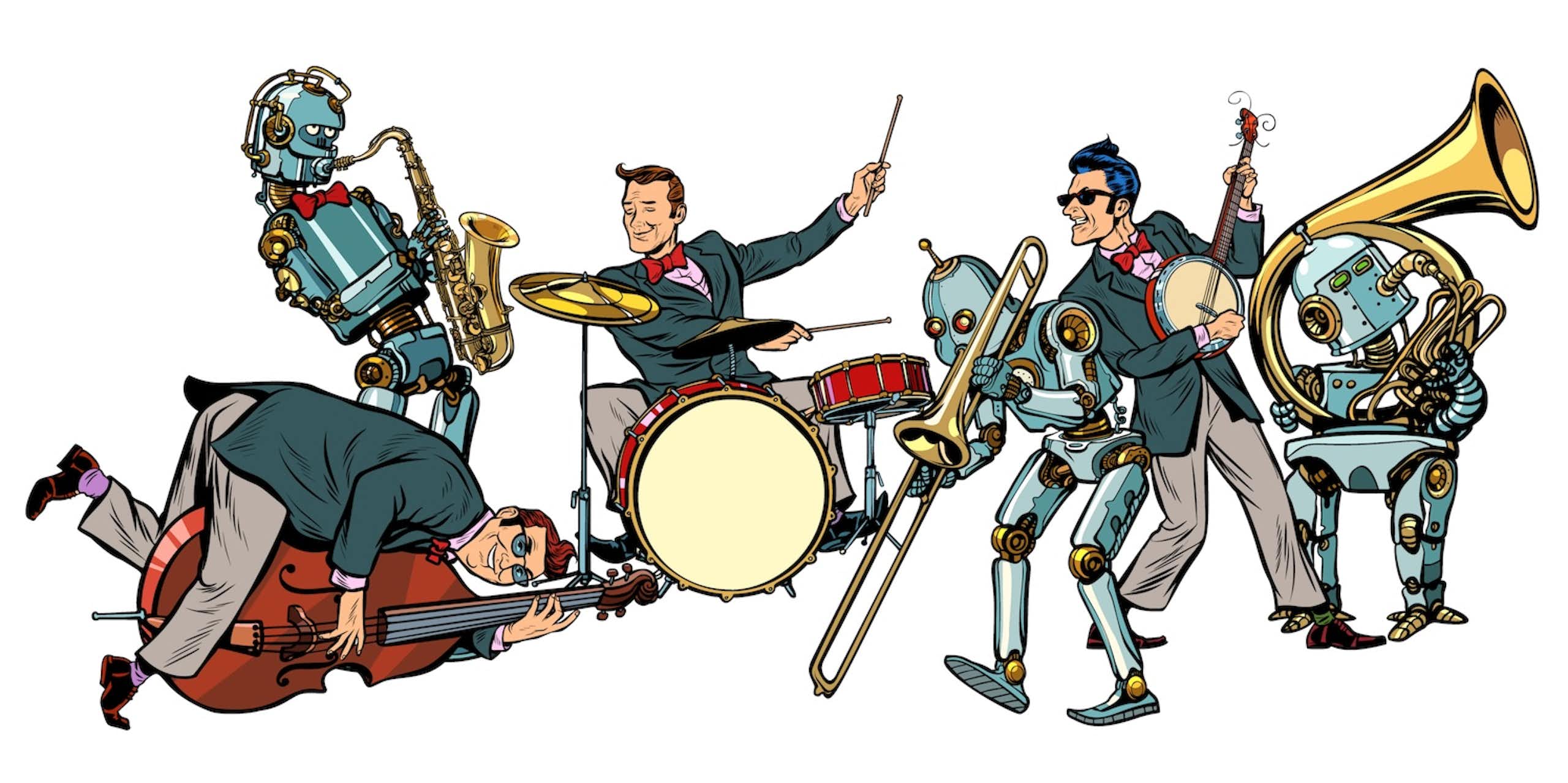 orchestre de jazz avec des humains et des robots