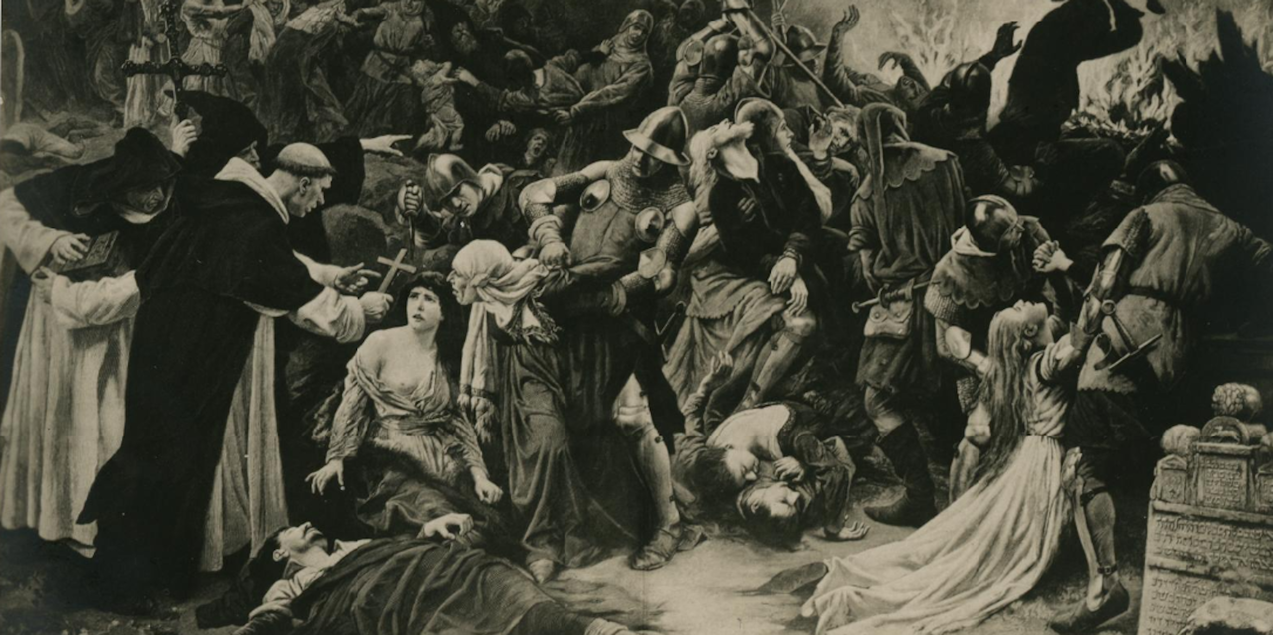 Postal con la reproducción de una pintura que retrata un pogromo judío en Estrasburgo en 1880. 
